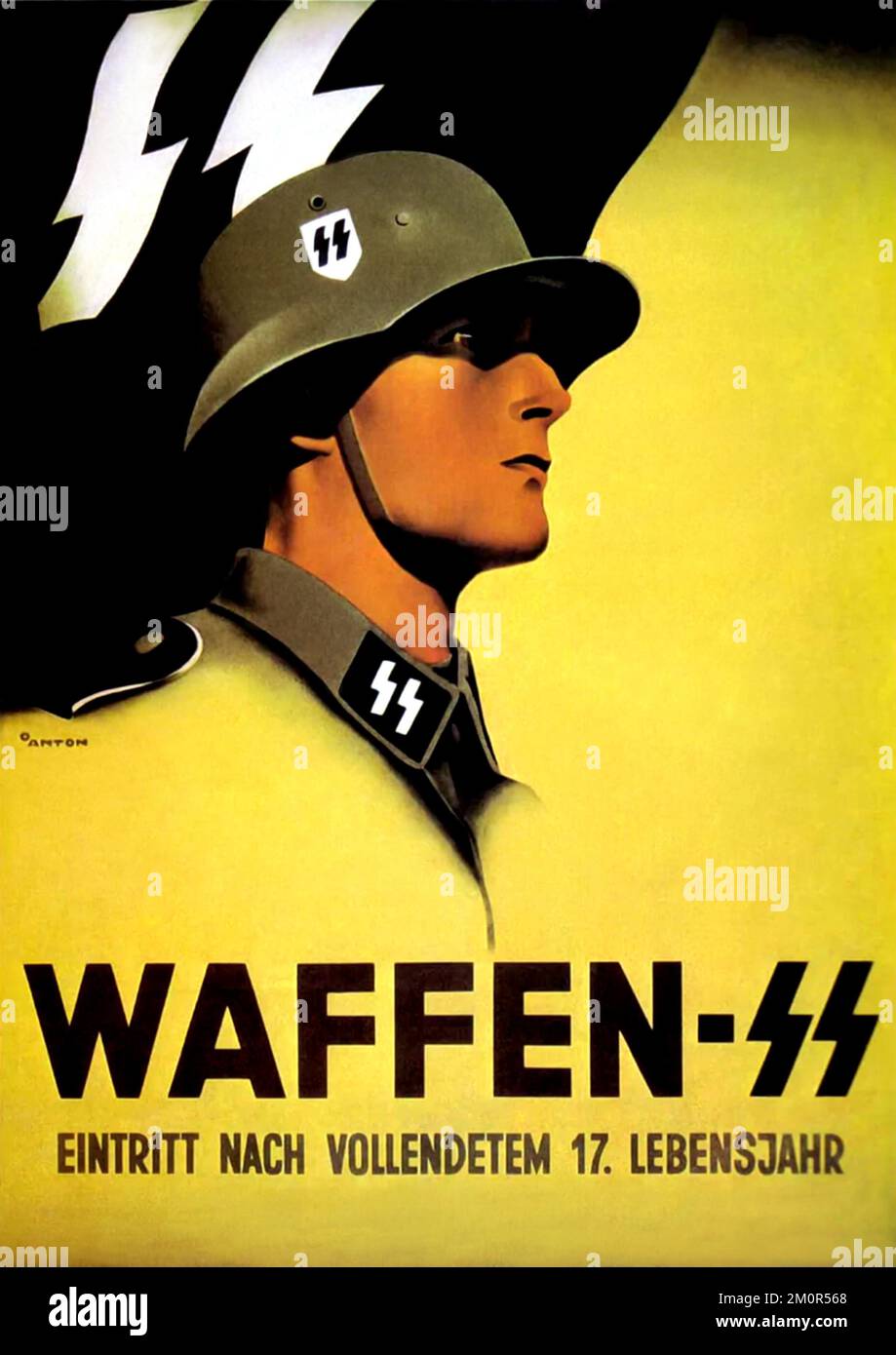 1935 ca, GERMANY  : The german Fuhrer dictator  ADOLF HITLER ( 1889 - 1945  ), leader of the Third Reich . Poster propaganda for the NAZIST military enlistment in WAFFEN SS  Schutzstaffel ( Eintritt Nach Vollendetem 17 . Lebensjahr - trad: Entry After Turning 17 . age ). National Socialist organization, the most important carrier of terror and the policy of extermination of the National Socialist state was the SS . Designed by illustrator ANTON .  - WWII - NAZI - NAZIST -NAZISM - NAZISTA - NAZISMO - SECONDA GUERRA MONDIALE - WW2 - WORLD WAR II - dittatore - POLITICA - POLITICO - profilo - prof Stock Photo