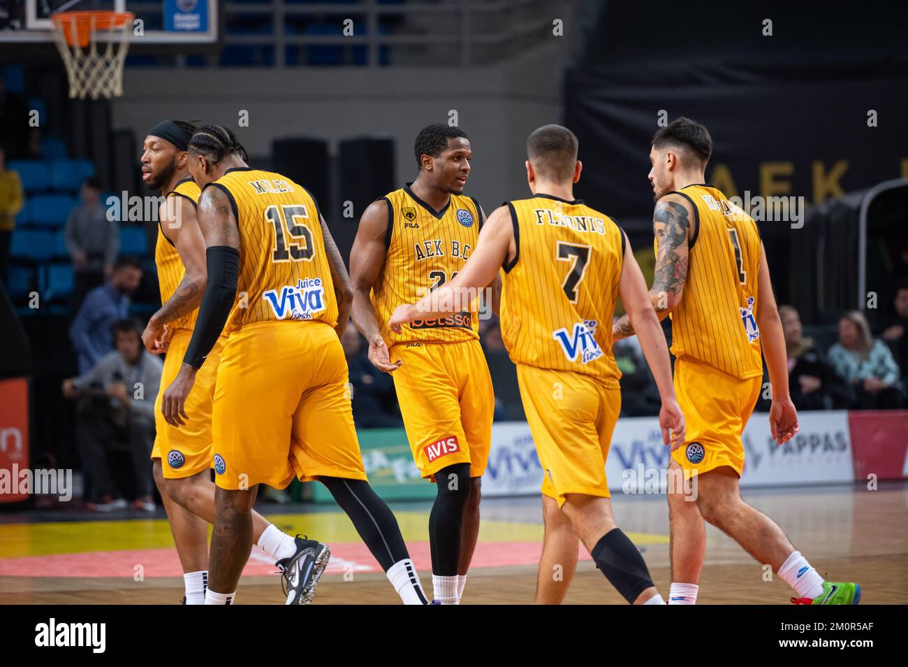 Players of AEK Athens BC during the Basketball Champions League, Gameday 5,  match between AEK Athens BC and UNAHOTELS Reggio Emilia at Ano Liossia Oly  Stock Photo - Alamy