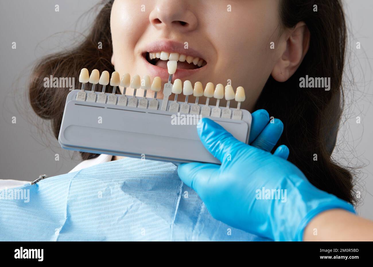 Dentist choosing color of tooth enamel for patient. Dentist applying