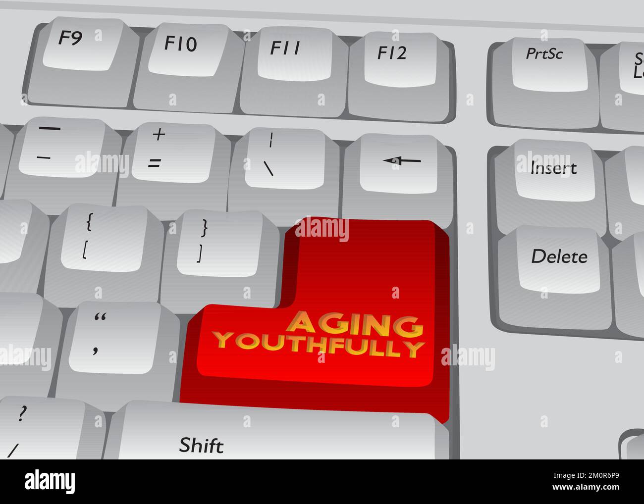 Computer Keyboard with Aging Youthfully text. Close-up of an electronic Computer Device part, keypad. Stock Vector