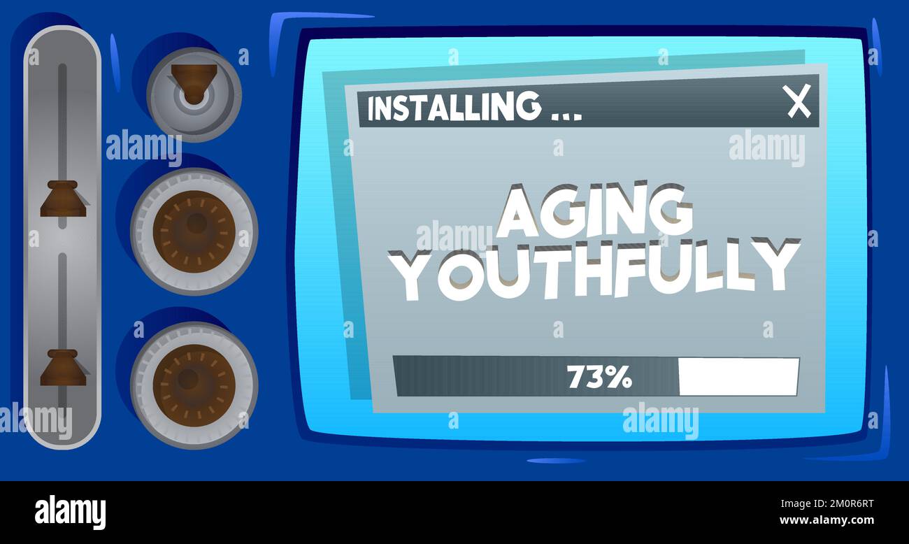 Cartoon Computer With the word Aging Youthfully. Message of a screen displaying an installation window. Stock Vector
