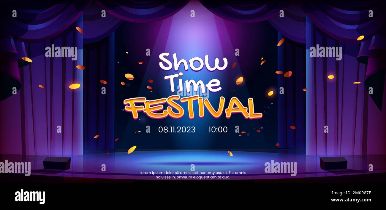 Festival announcement poster with lettering on stage background. Cartoon vector illustration of concert hall with podium for performance illuminated by light beam decorated with curtains and confetti Stock Vector