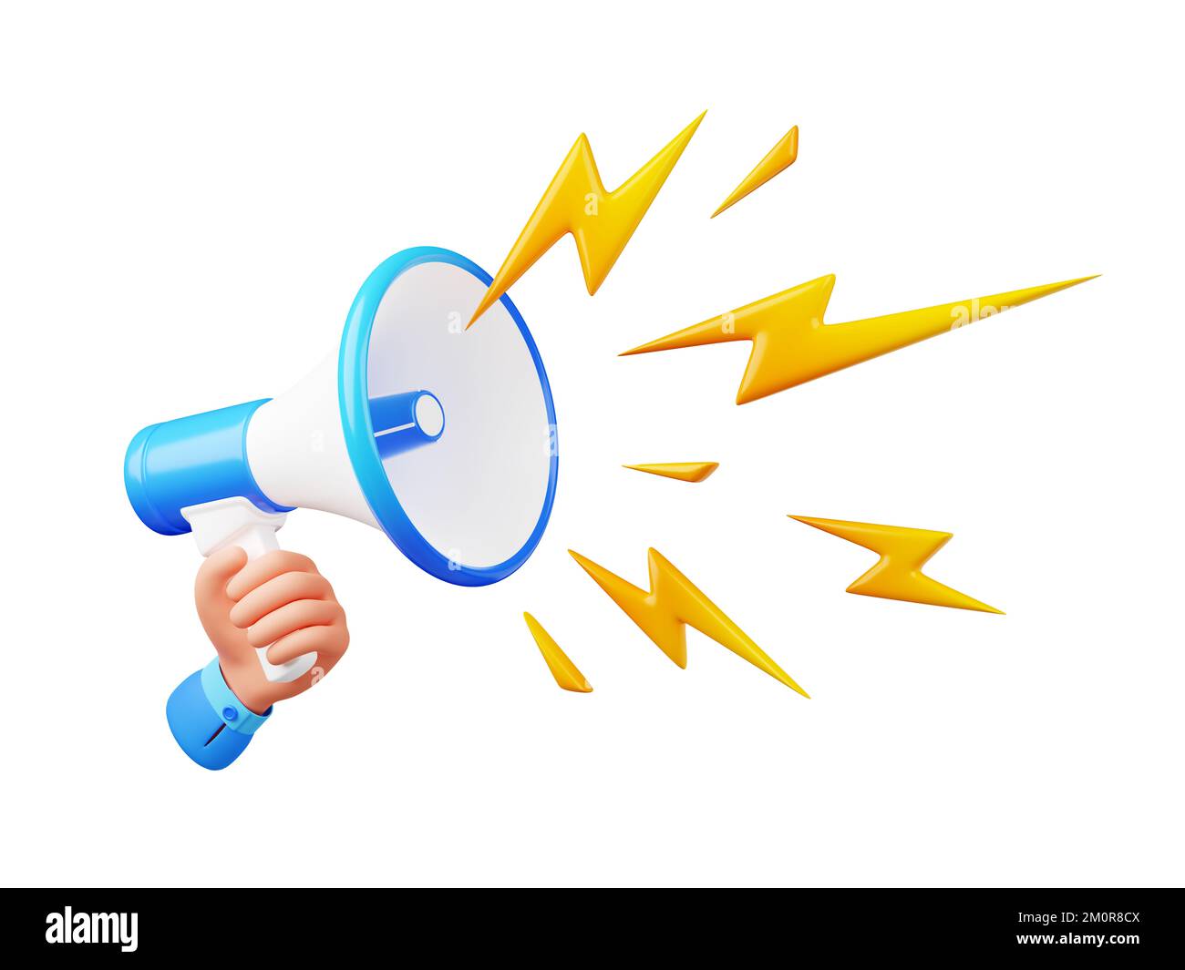 Hand with loudspeaker, megaphone with loud sound, shout or scream in