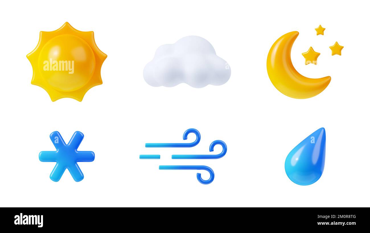3d render weather icons set, sun shining, white cloud, wind blow