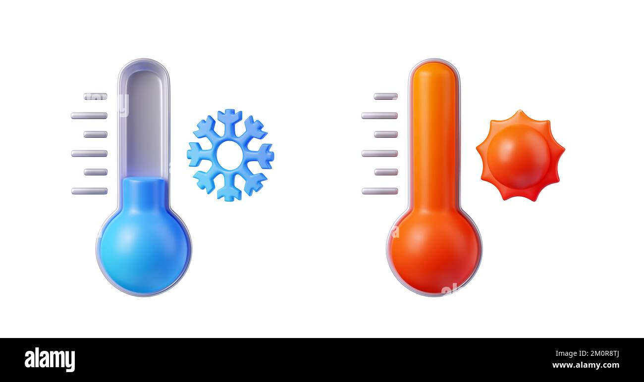 3d render thermometers show hot and cold temperature, winter or summer weather forecast, climate icons, elements for web design. Cartoon illustration in plastic style isolated on white background Stock Photo