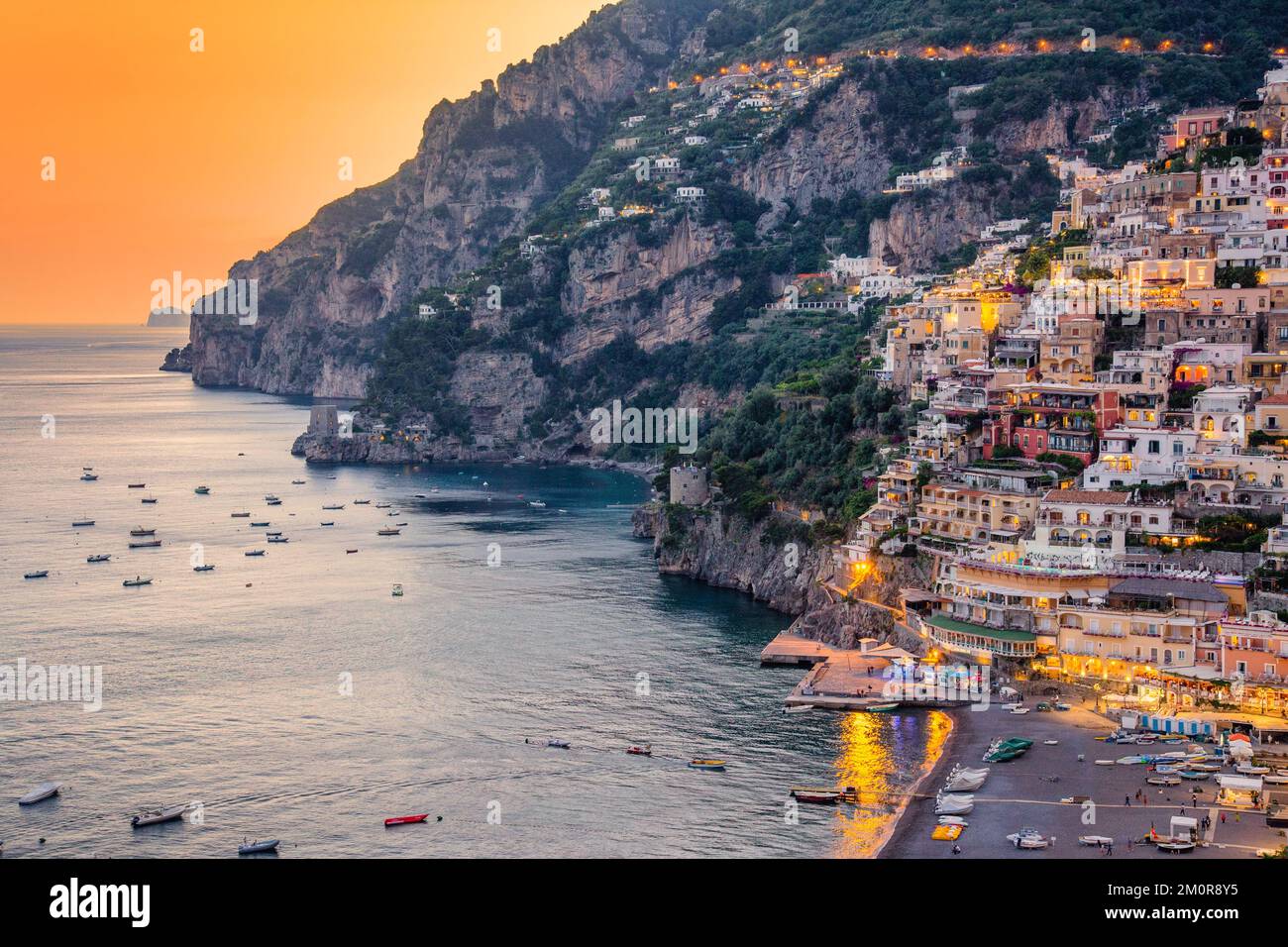 Positano, Amalfi Coast, Italy. Sunset Stock Photo