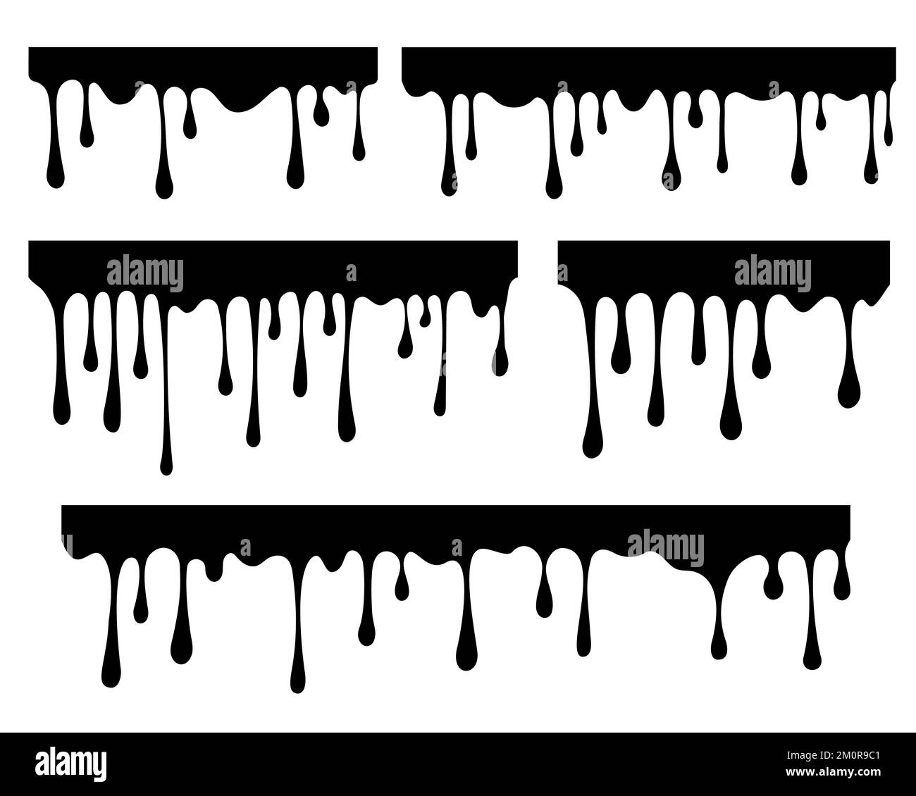 Melted drips and liquid paint drops. Current chocolate, ink, honey or syrup. Oil and cream blobs. Vector seamless border. Stock Vector