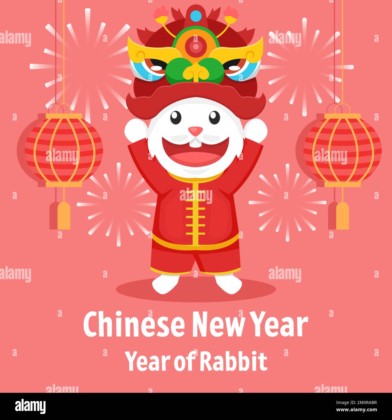 flat design chinese new year with rabbit holding lion dance head Stock Vector