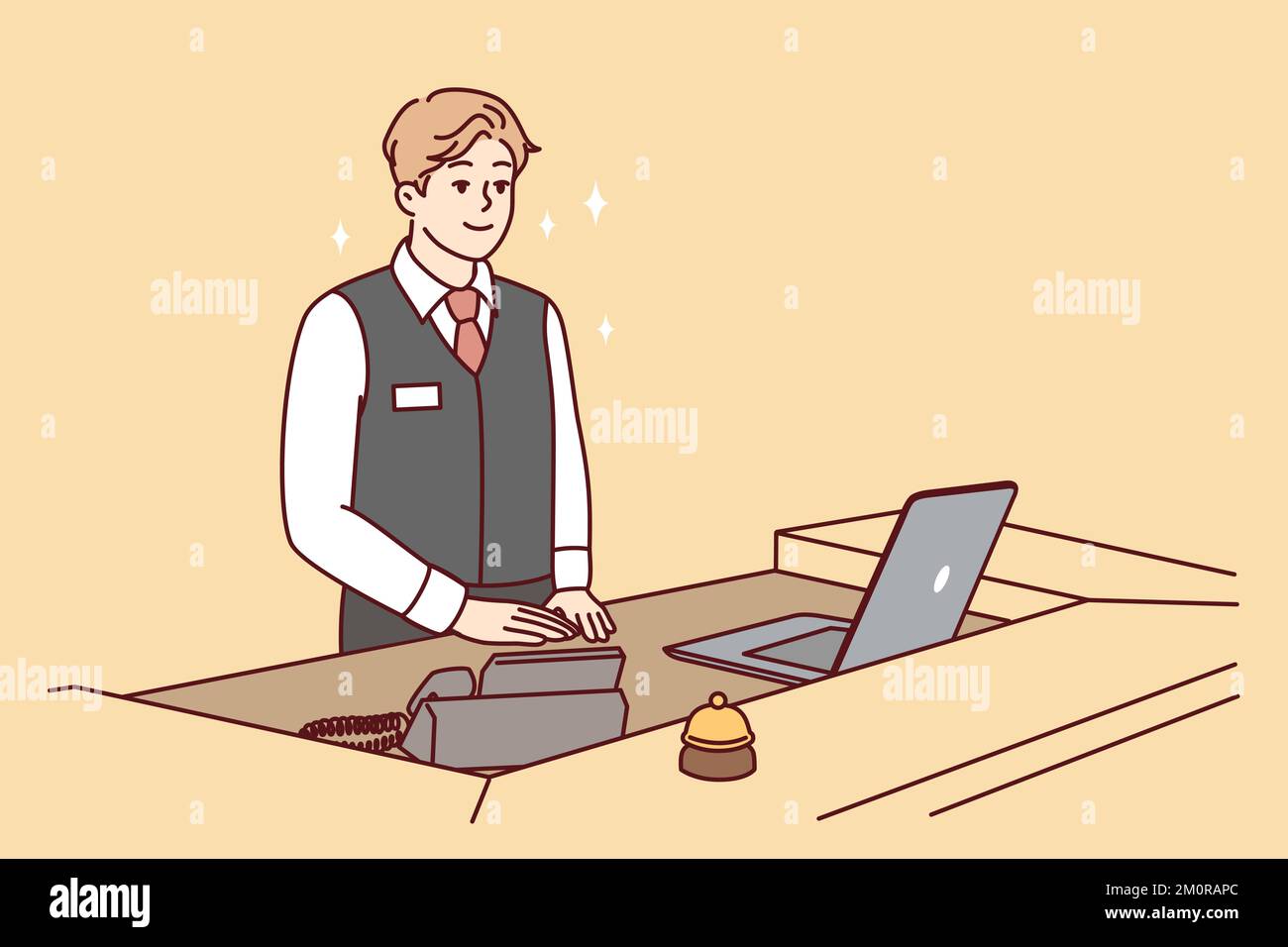 Man working as receptionist in hotel or restaurant stands behind counter with laptop and phone. Happy guy in work suit with badge is waiting for arrival of guests and clients. Flat vector image Stock Vector