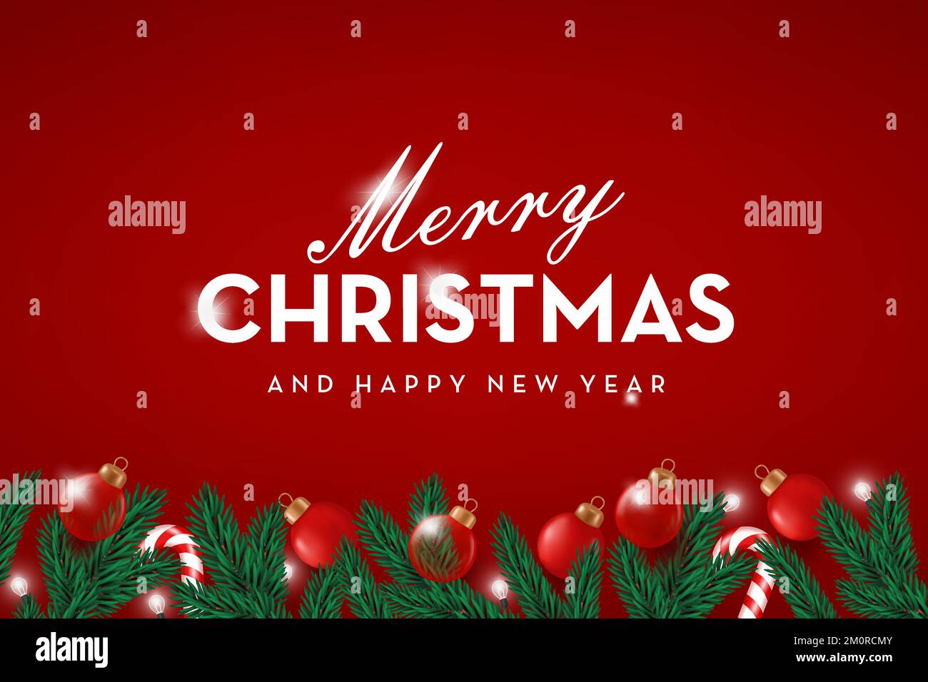 Christmas border with fir branches and decorative glass balls on a red ...