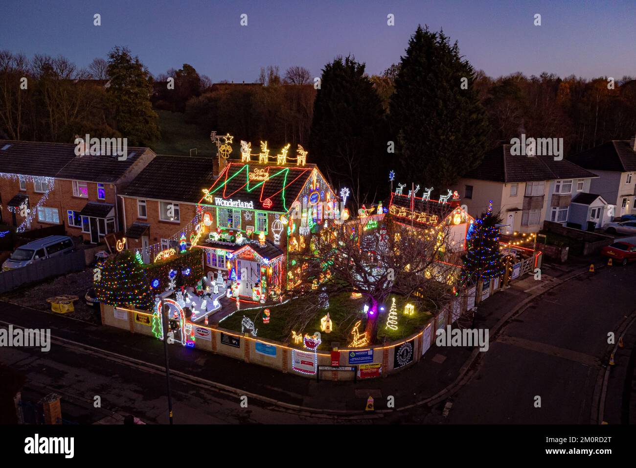The Christmas lights and structures on the Brailsford home in Brentry, Bristol, where they light