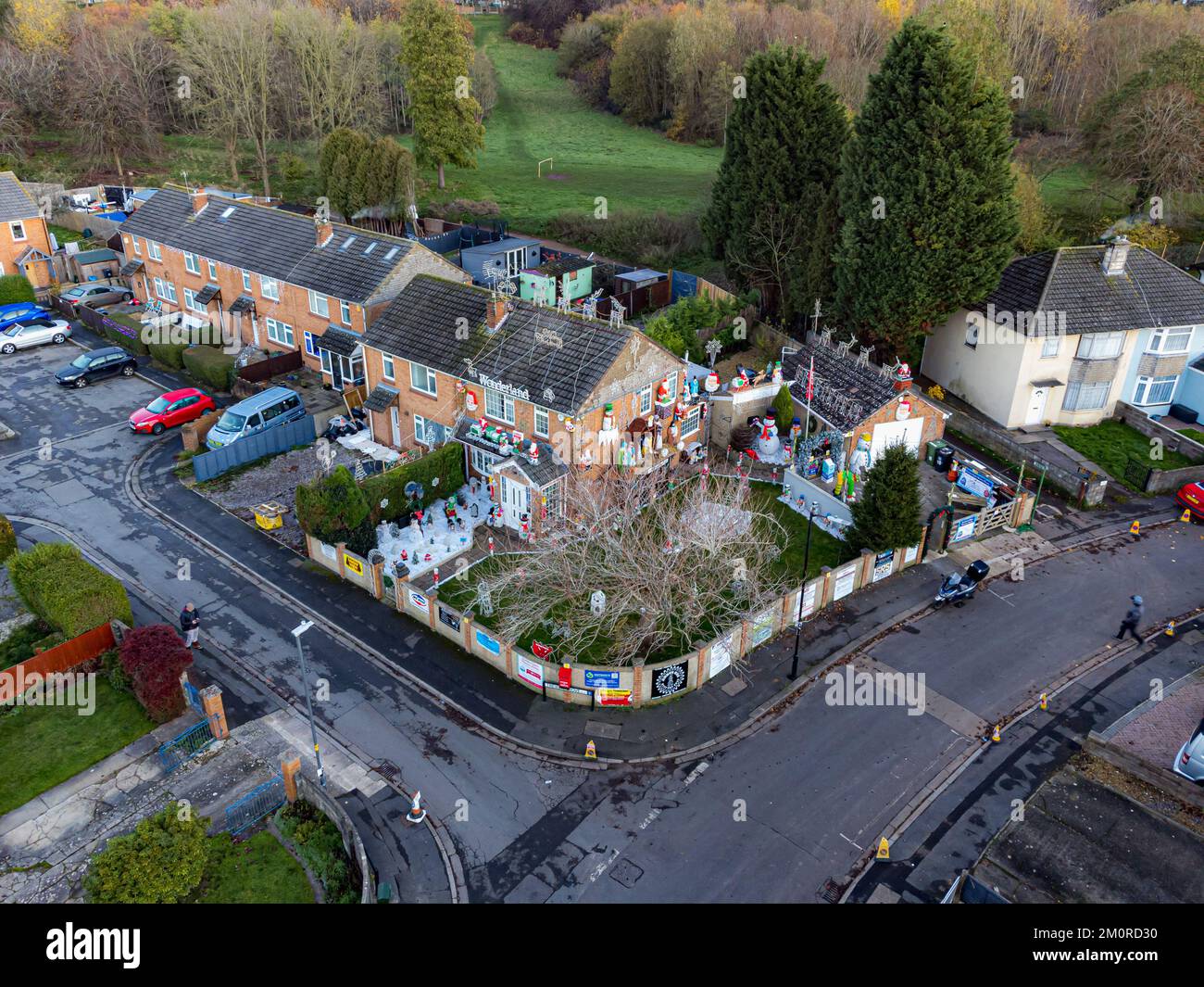A daytime view showing the lights and structures on the Brailsford home