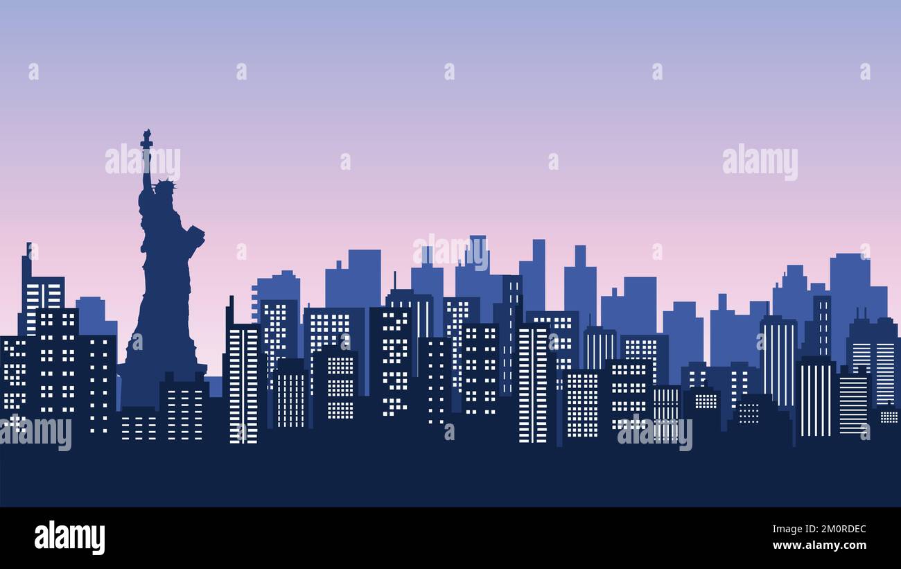 City silhouette of tall buildings with new york statue in the ...