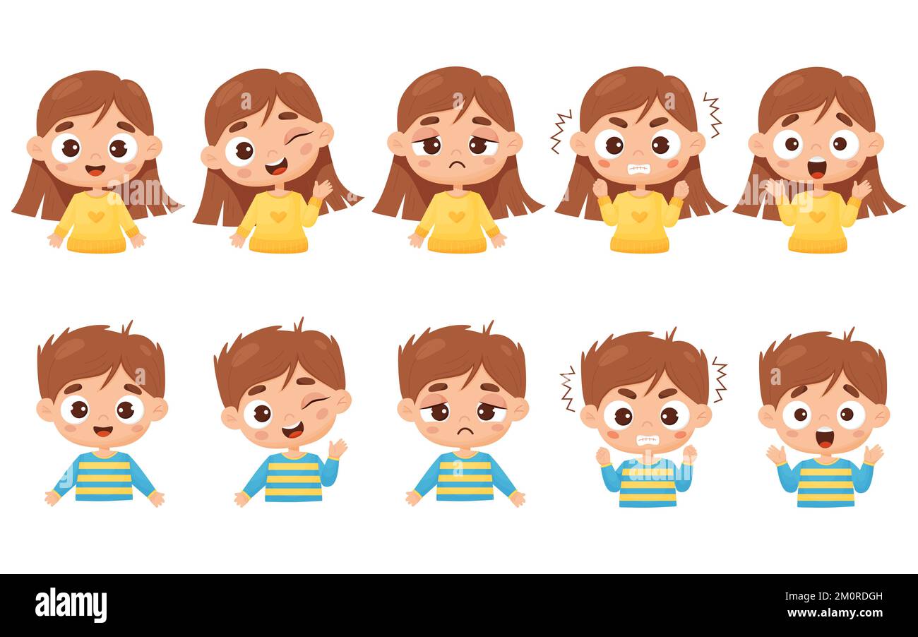 Set kids emotions. Portraits of cute boy and girl with different facial expressions and feelings - happiness, anger, smile, delight, wonder. Vector is Stock Vector