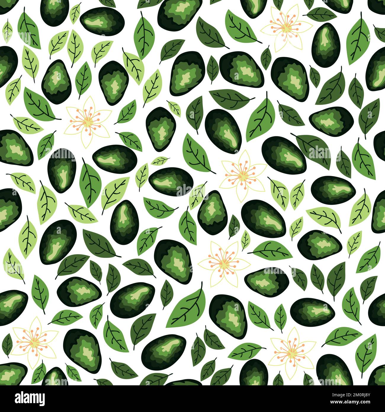 Avocado seamless pattern. Whole and sliced avocado with leaves and ...
