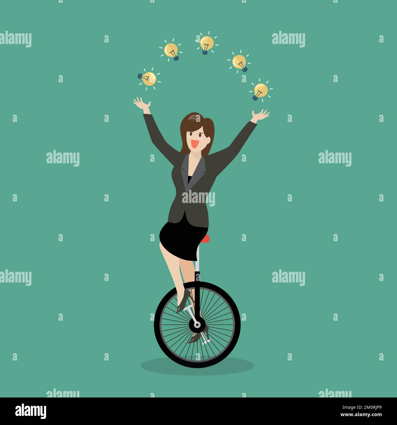 Business woman juggling the light bulb on unicycle. Business idea