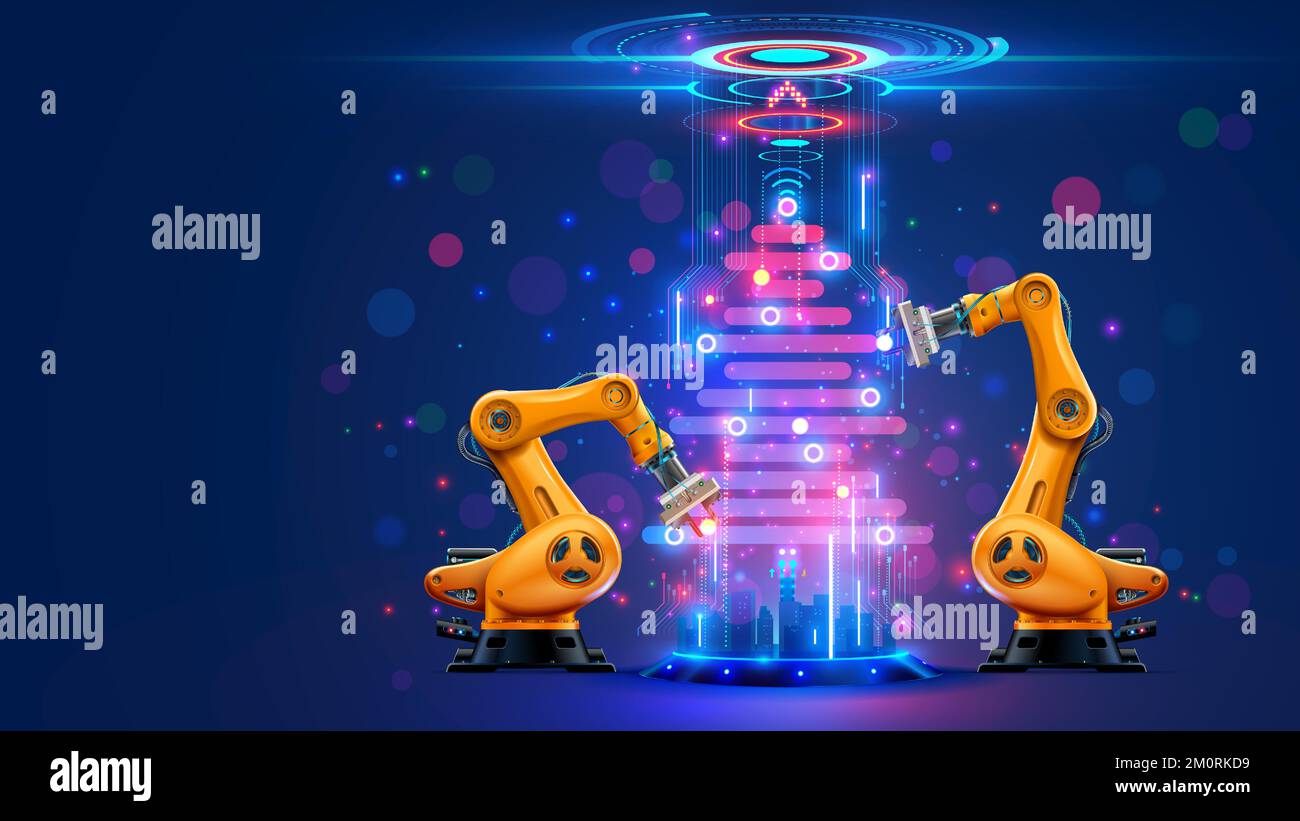 Industry robot decorations christmas tree. Robotic arm on factory on card of christmas holidays. Industrial robots manipulator decorations cyber virtu Stock Vector