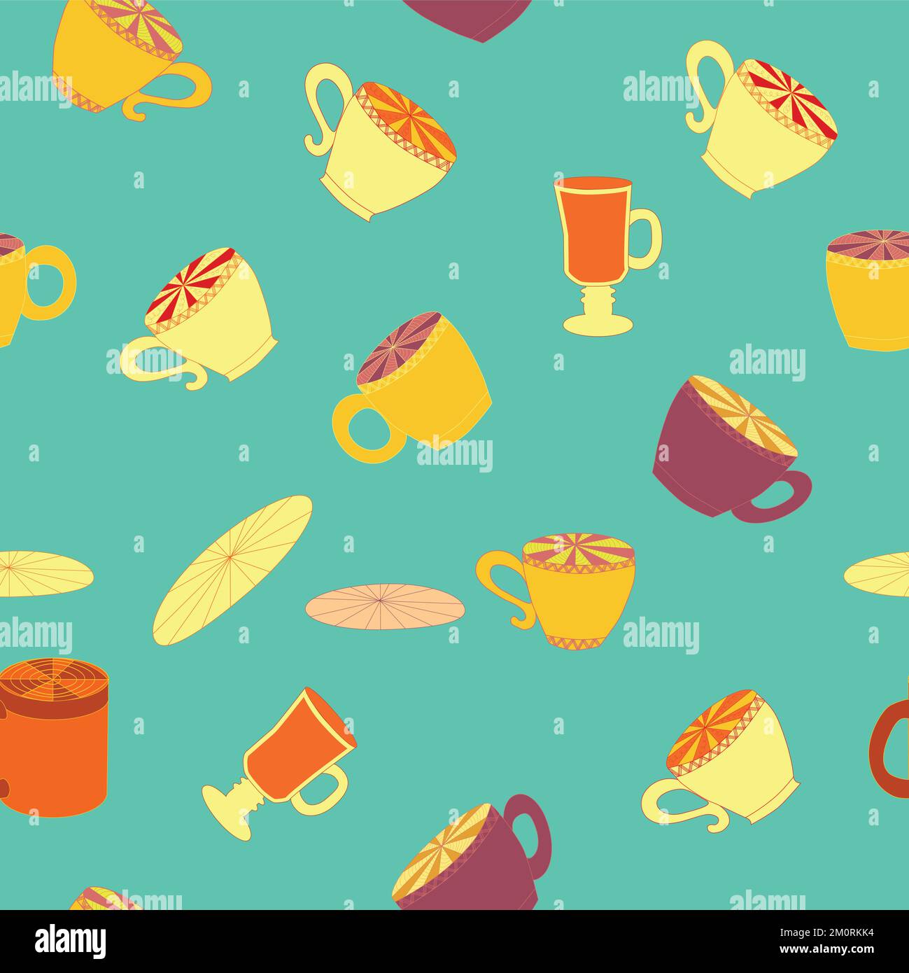 Cups and saucers bright seamless pattern. Tea, tea shop, coffee