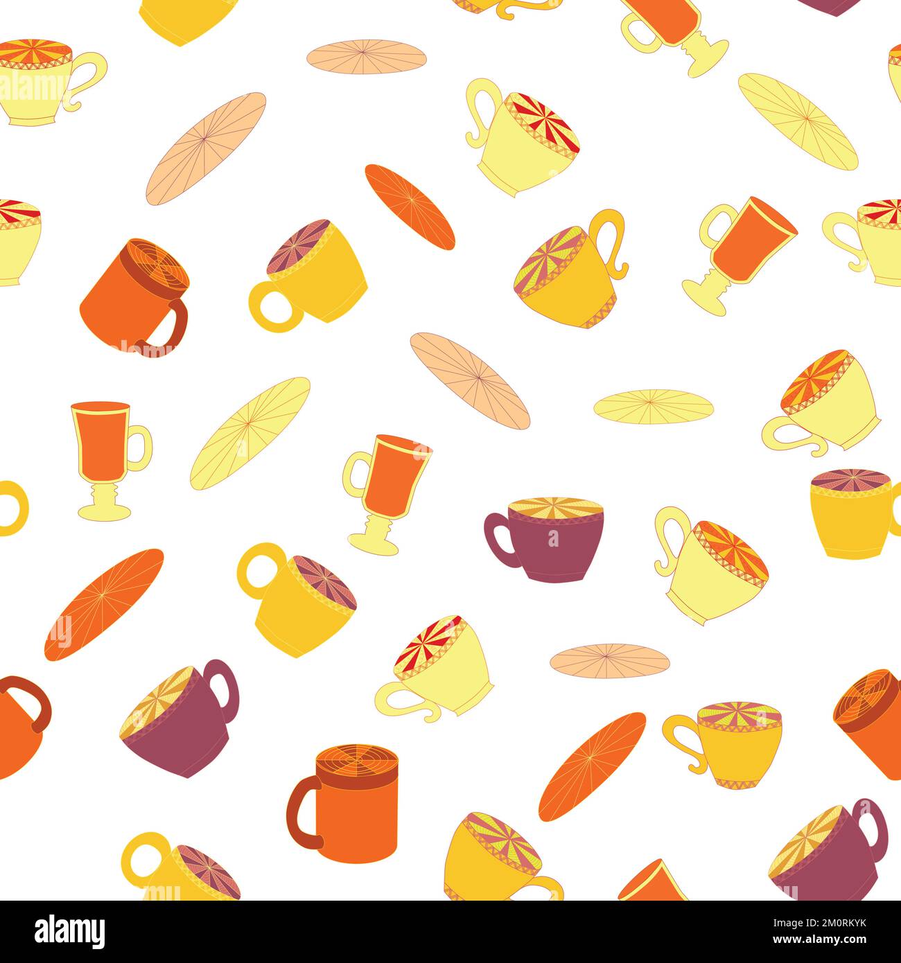 Cups and saucers bright seamless pattern. Tea, tea shop, coffee ...