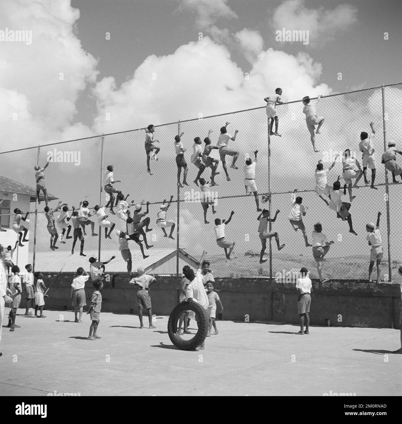 Willem van de Poll - Students of the school of the Scherpenheuvel monastery on Curaao climb a fence Date - 1948 Location - Curacao Stock Photo