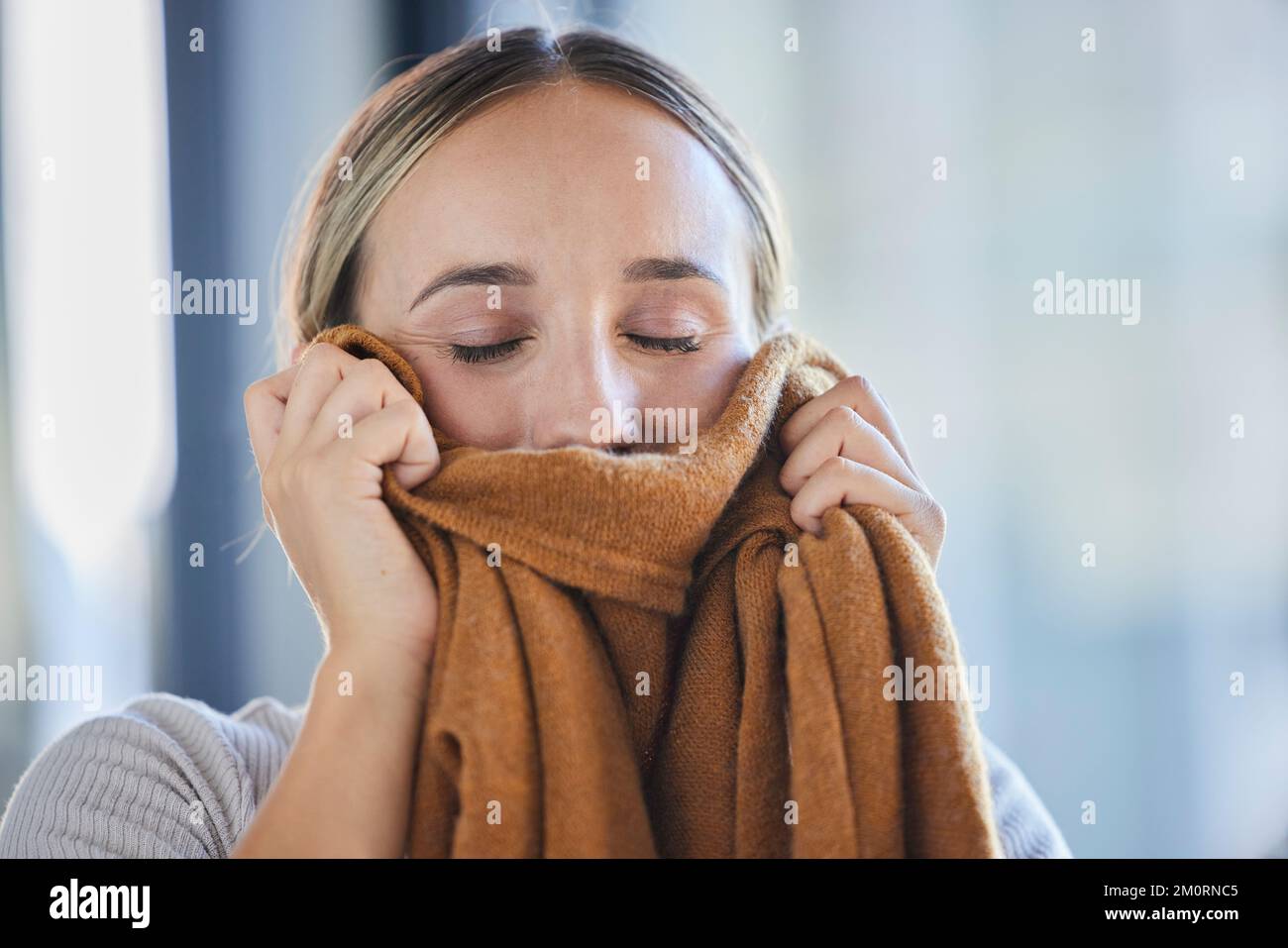 Clean laundry, woman and smelling fabric, fresh scent of clothes and