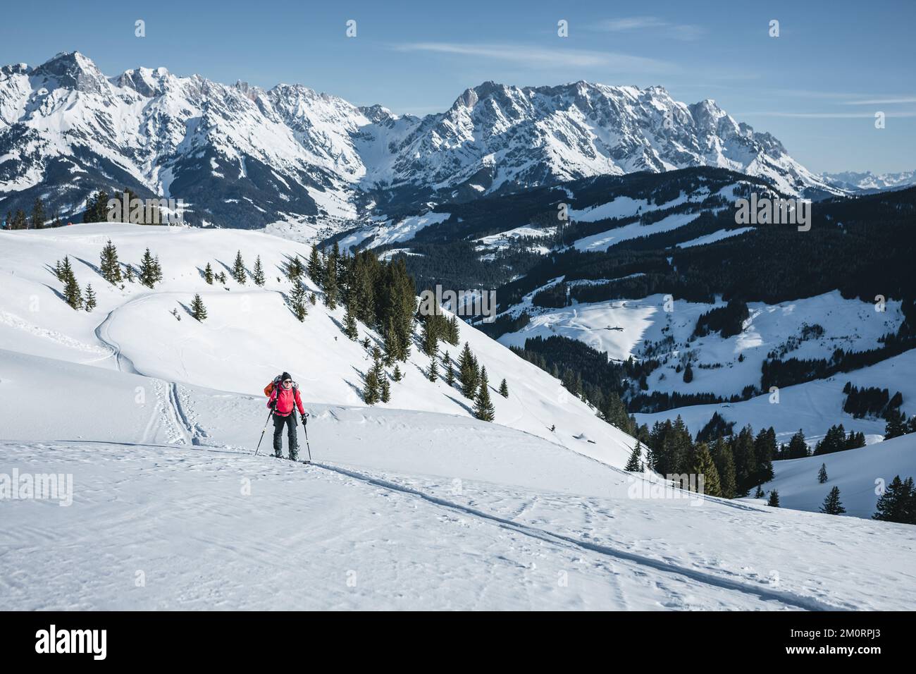 Woman ski touring in the Austrian Alps near Hochkonig region, Austria Stock Photo