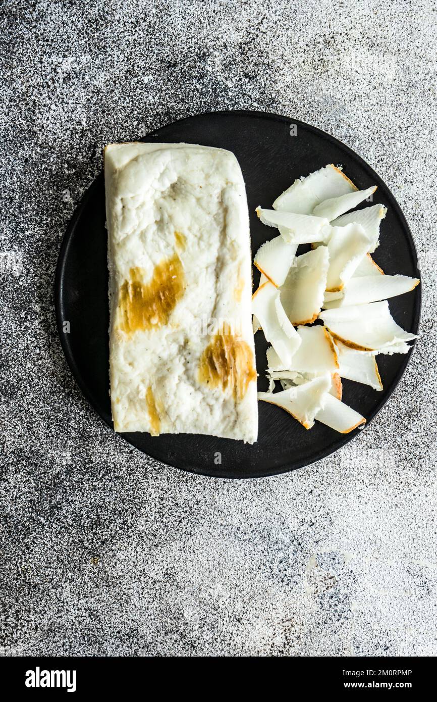 Overhead view of a plate of traditional Ukrainian cured pork fat (salo