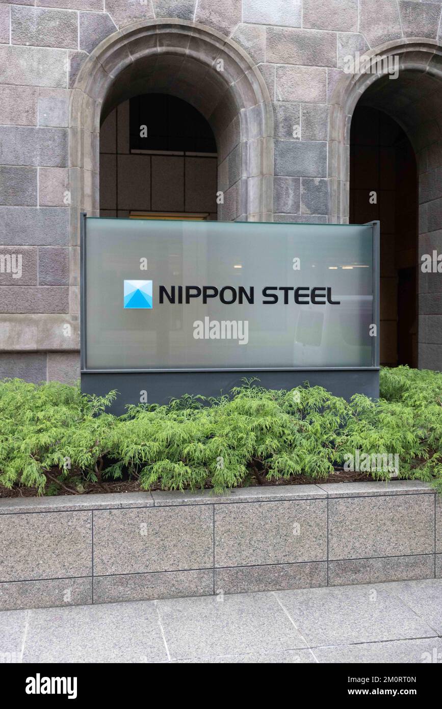 Nippon Steel company logo at their headquarters in Marunouchi, Tokyo on November 25, 2022 Stock