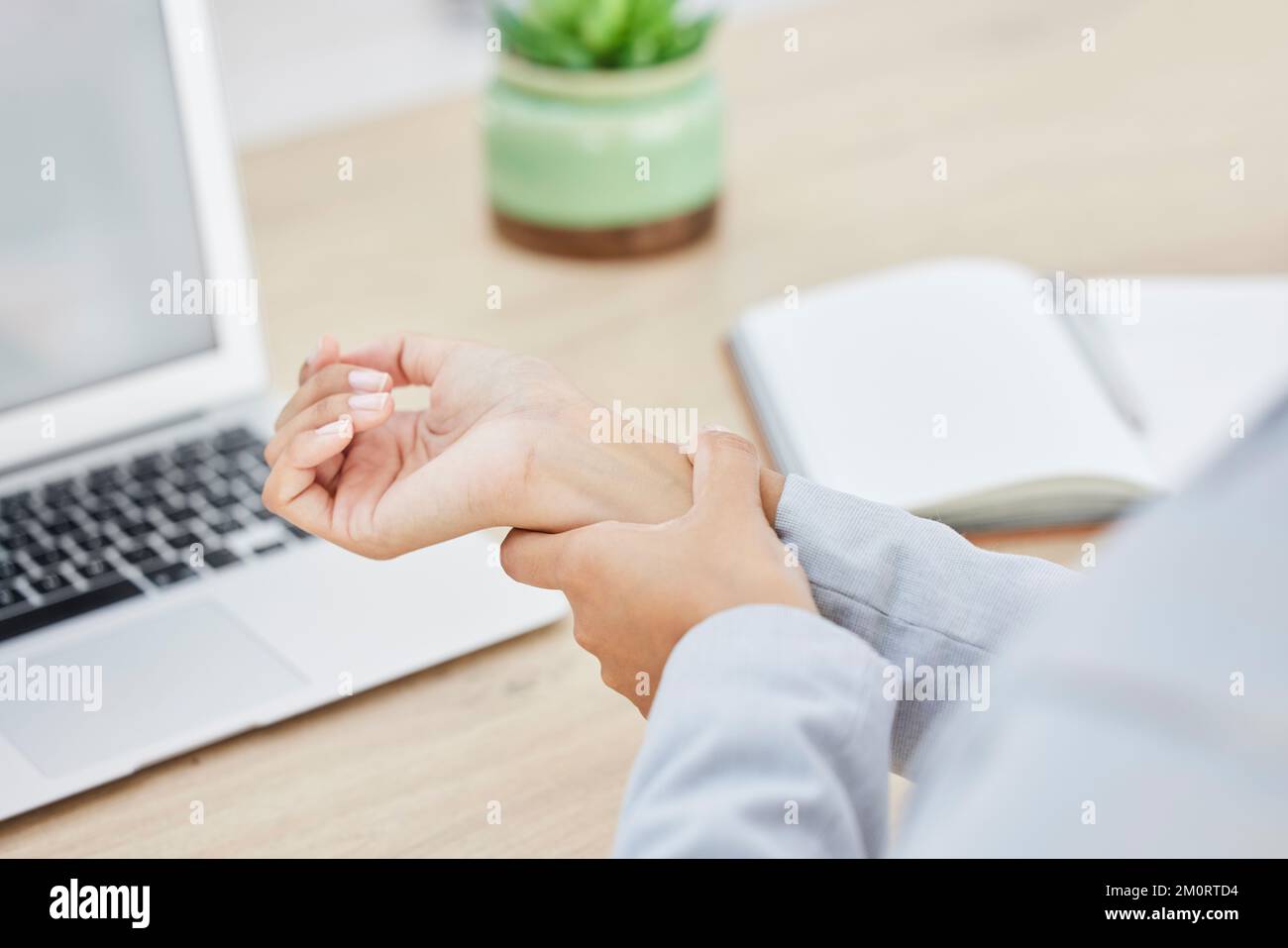 Laptop, hands or woman with carpal tunnel syndrome, pain or injury from