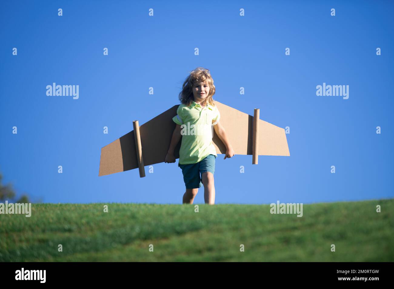 Funny boy with toy cardboard airplane wings fly. Startup freedom concept.  Child wearing aviator costume outdoor Stock Photo - Alamy