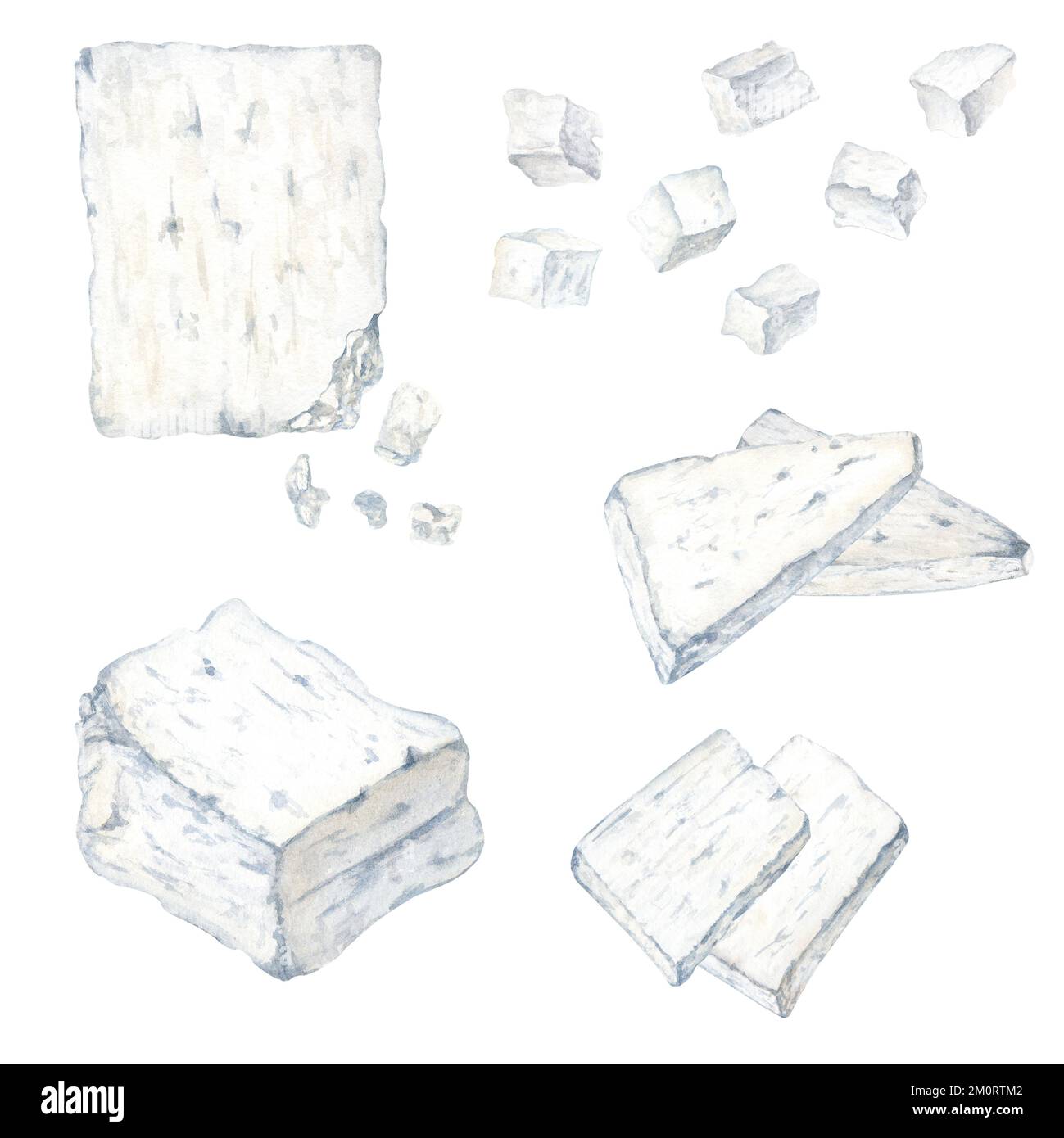 Greek feta cheese set. Watercolor food illustration isolaten on white