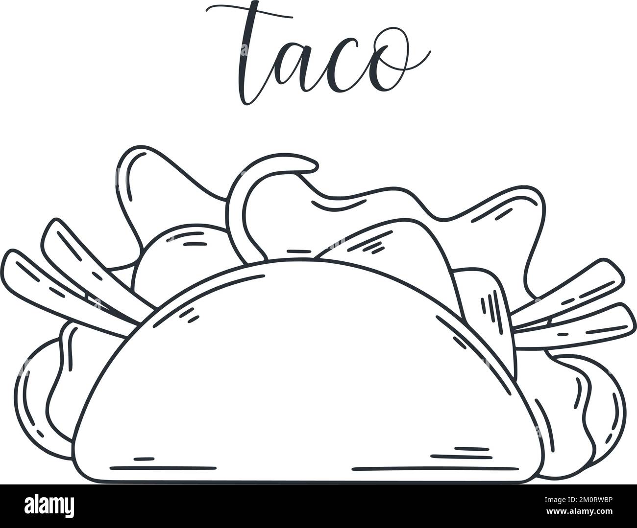 Taco doodle illustration. Ink sketch of stuffed tartilla. Mexican appetizer with meat and vegetables clip art. Latin american food isolated vector ill Stock Vector