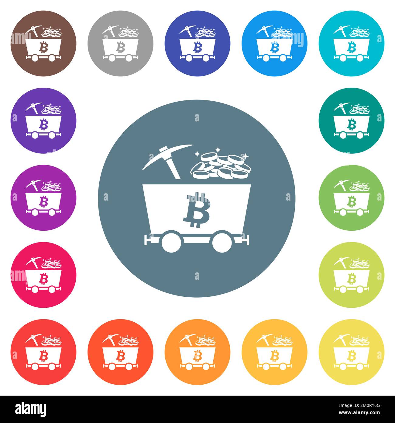 Bitcoin cryptocurrency mining with treasure flat white icons on round ...