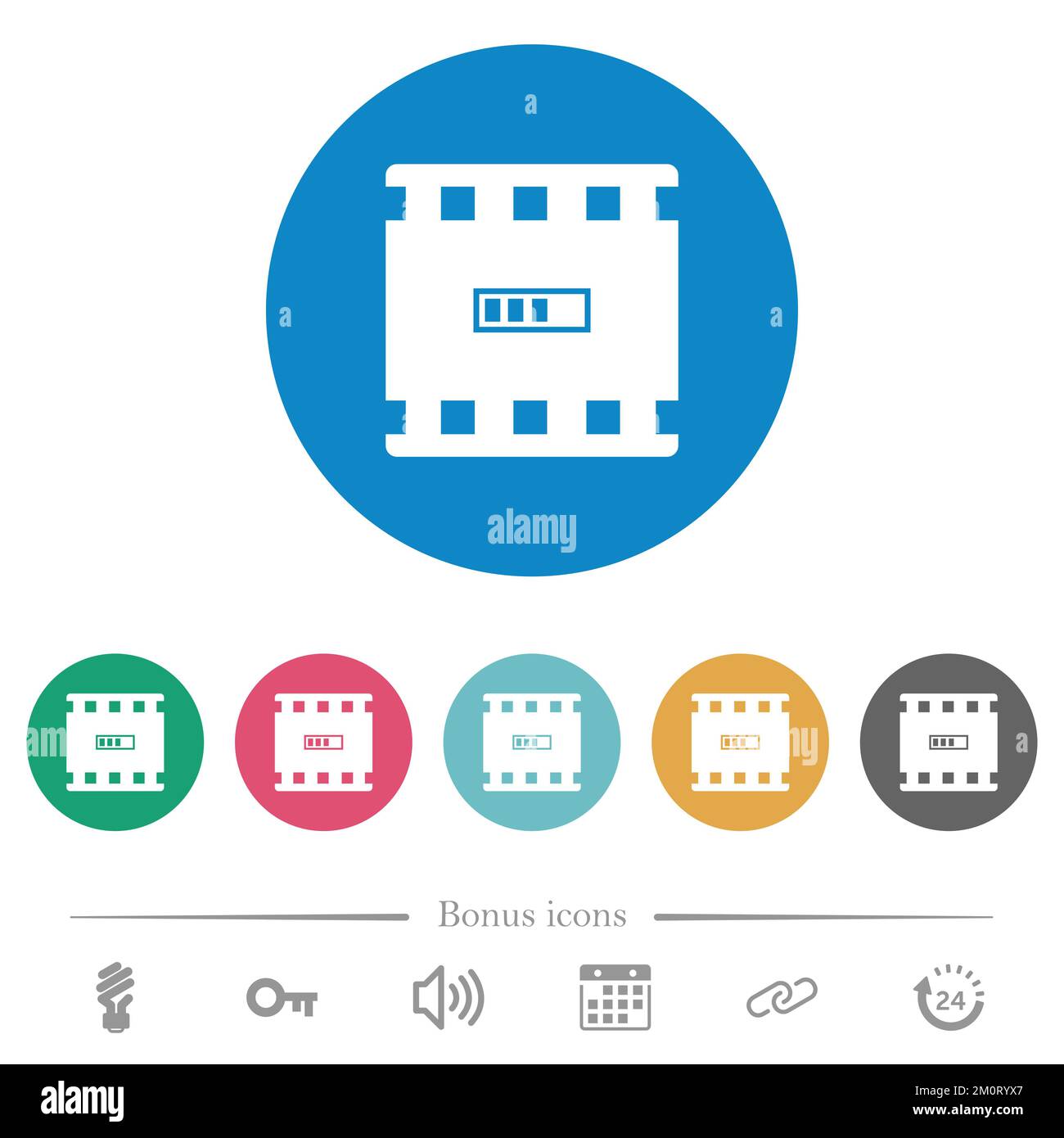 Movie processing flat white icons on round color backgrounds. 6 bonus ...