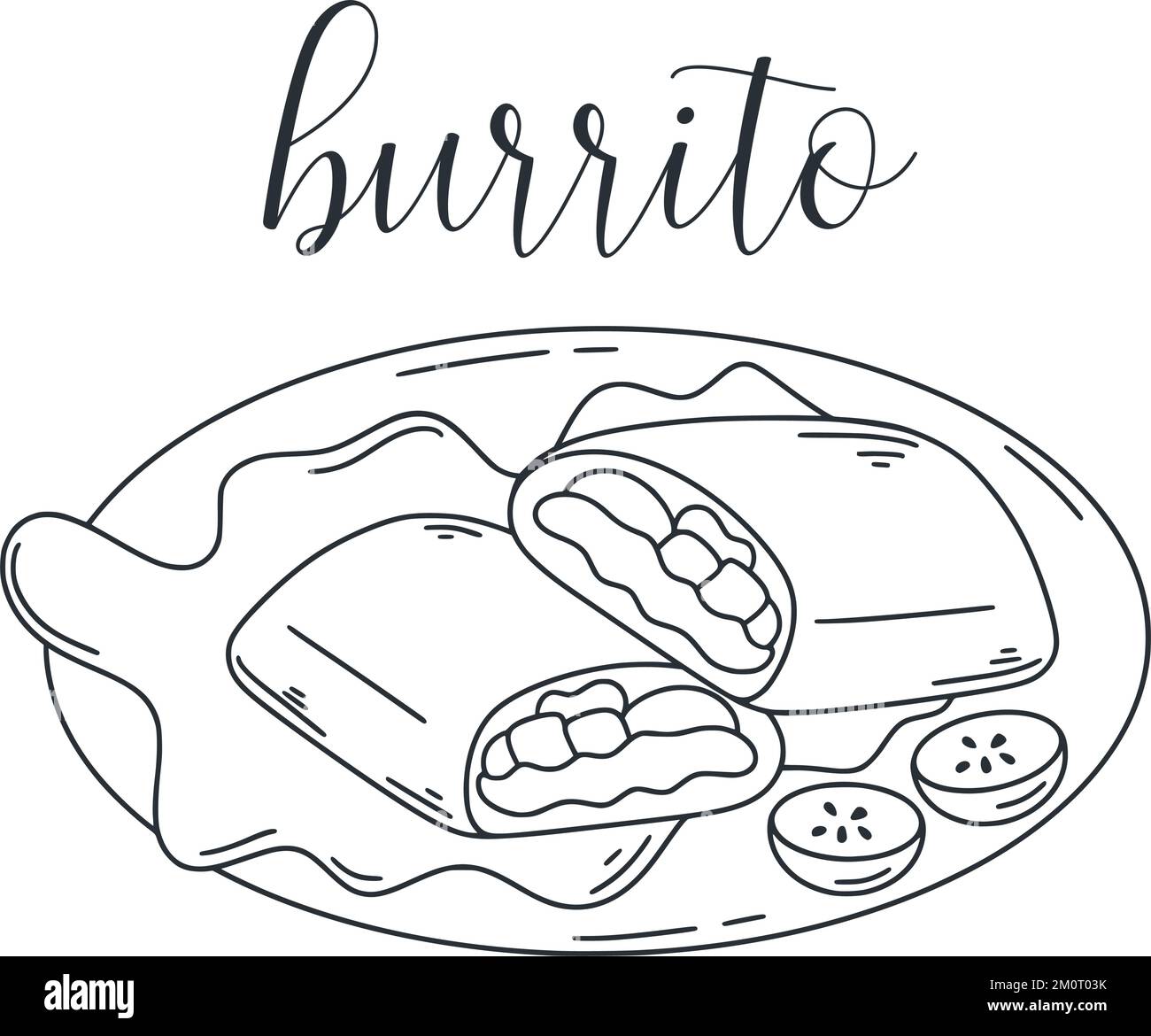 Mexican traditional dish burrito doodle illustration. Wheat tortilla stuffed with meat and vegetables clip art. Latin American food vector Stock Vector