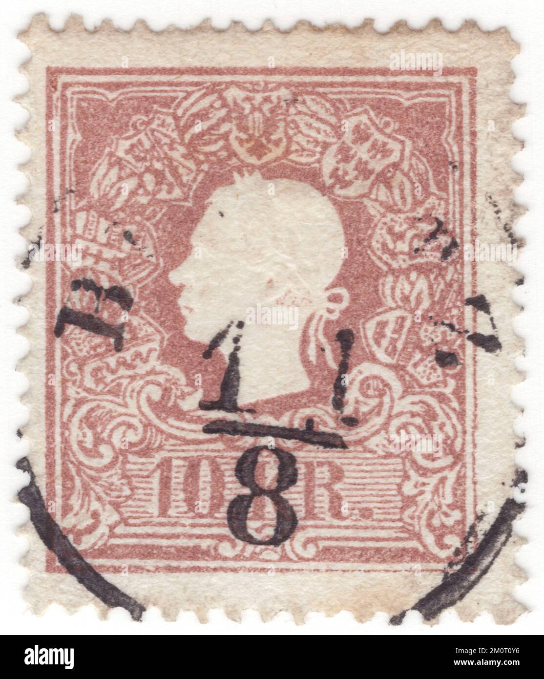 AUSTRIA — 1858: An 10 kreuzer red postage stamp depicting Embossed portrait of young Austrian Monarch Emperor Franz Josef. Franz Joseph I or Francis Joseph I was Emperor of Austria, King of Hungary, and the other states of the Habsburg monarchy from 2 December 1848 until his death on 21 November 1916. In the early part of his reign, his realms and territories were referred to as the Austrian Empire, but were reconstituted as the dual monarchy of the Austro-Hungarian Empire in 1867. From 1 May 1850 to 24 August 1866, Franz Joseph was also President of the German Confederation Stock Photo