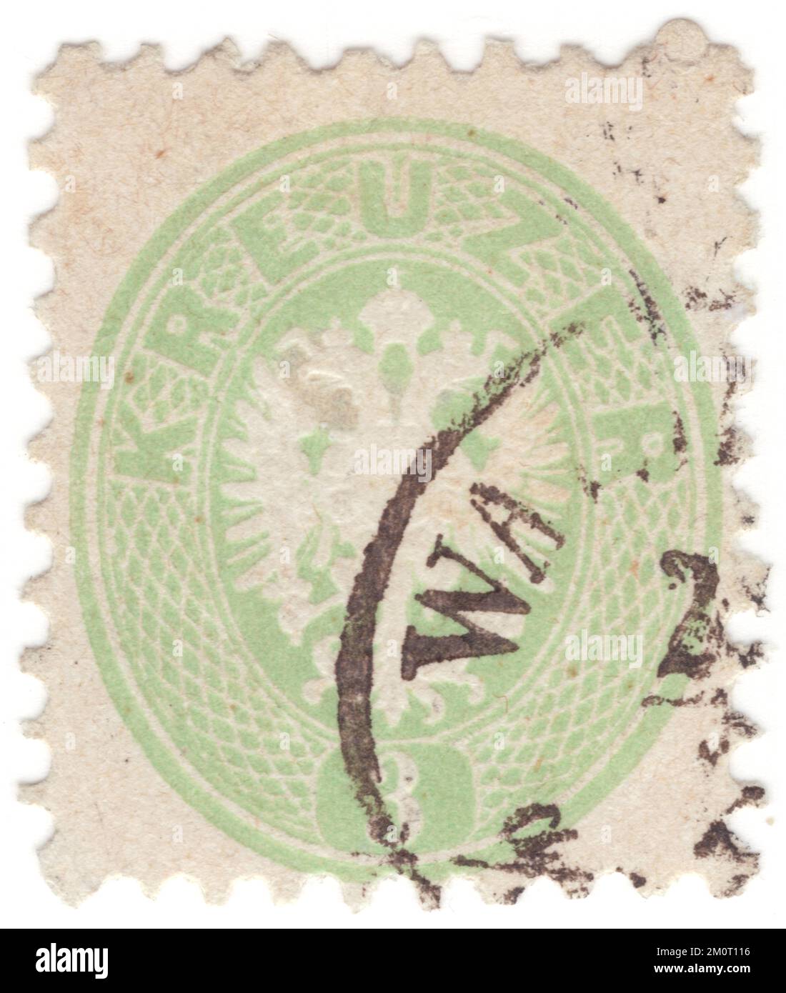 AUSTRIA — 1864: An 3 kreuzer green postage stamp depicting Coat of Arms of the Austrian monarchy. The double-headed eagle of the ruling House of Habsburg-Lorraine was used by the common Imperial and Royal (k. u. k.) institutions of Austria-Hungary or the dual monarchy. double-headed eagle (or double-eagle) is a charge associated with the concept of Empire. Most modern uses of the symbol are directly or indirectly associated with its use by the late Byzantine Empire, originally a dynastic emblem of the Palaiologoi Stock Photo
