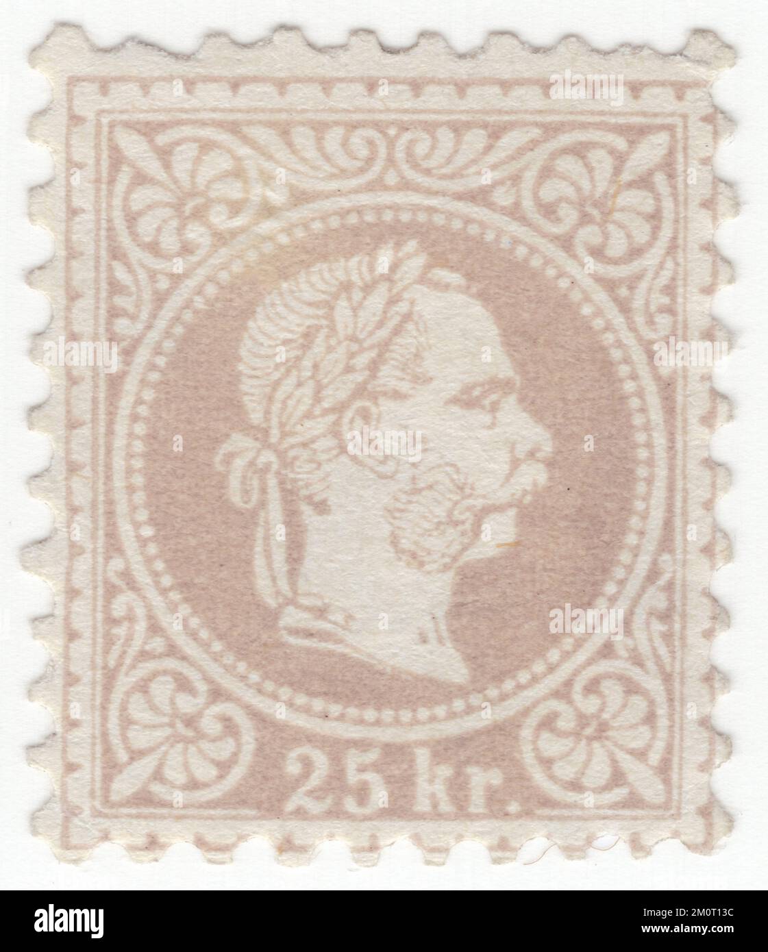 AUSTRIA — 1867: An 25 kreuzer lilac postage stamp depicting Embossed portrait of young Austrian Monarch Emperor Franz Josef. Franz Joseph I or Francis Joseph I was Emperor of Austria, King of Hungary, and the other states of the Habsburg monarchy from 2 December 1848 until his death on 21 November 1916. In the early part of his reign, his realms and territories were referred to as the Austrian Empire, but were reconstituted as the dual monarchy of the Austro-Hungarian Empire in 1867. From 1 May 1850 to 24 August 1866, Franz Joseph was also President of the German Confederation Stock Photo