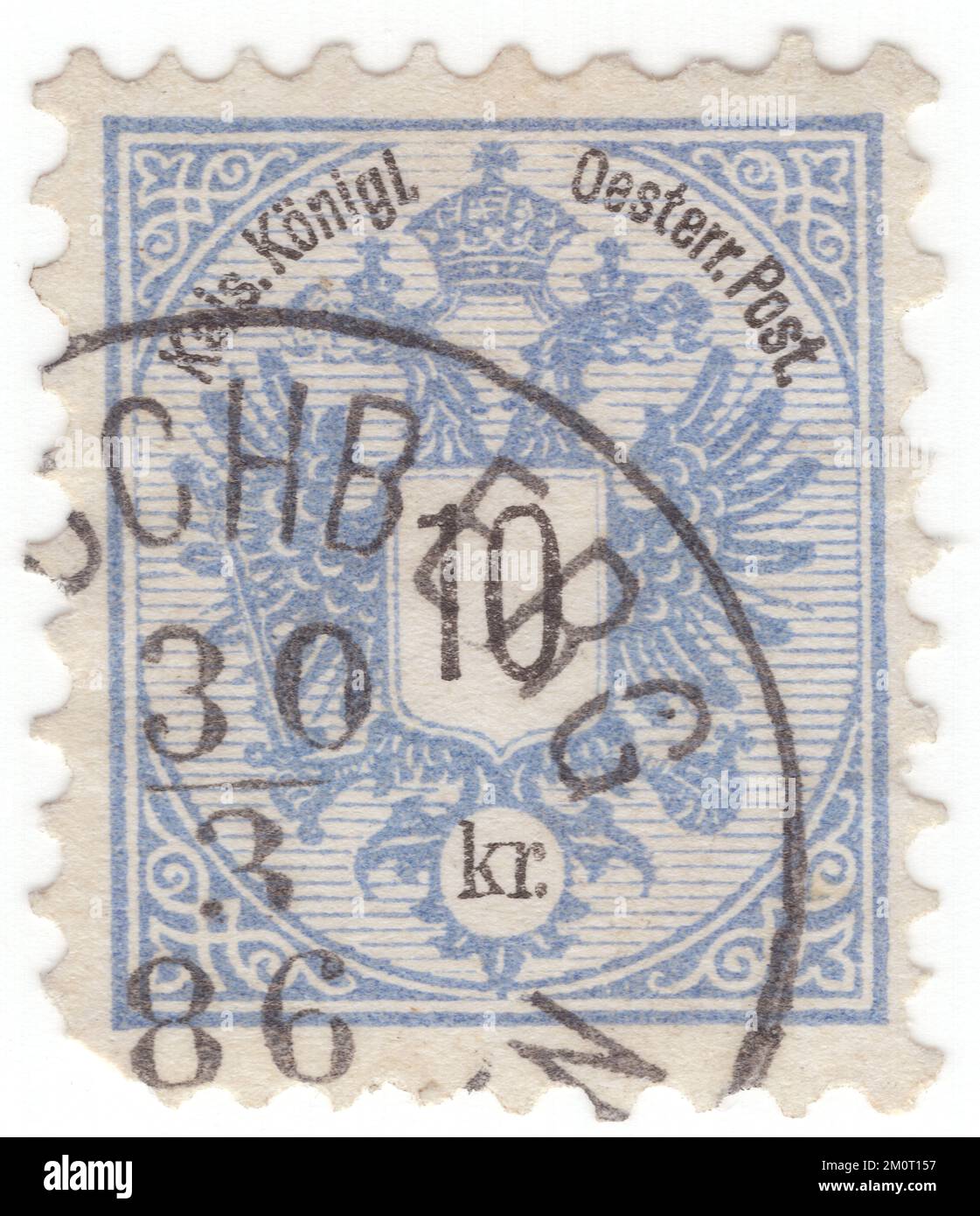 AUSTRIA — 1883: An 10 kreuzer blue postage stamp depicting Coat of Arms of the Austrian monarchy. The double-headed eagle of the ruling House of Habsburg-Lorraine was used by the common Imperial and Royal (k. u. k.) institutions of Austria-Hungary or the dual monarchy. double-headed eagle (or double-eagle) is a charge associated with the concept of Empire. Most modern uses of the symbol are directly or indirectly associated with its use by the late Byzantine Empire, originally a dynastic emblem of the Palaiologoi Stock Photo