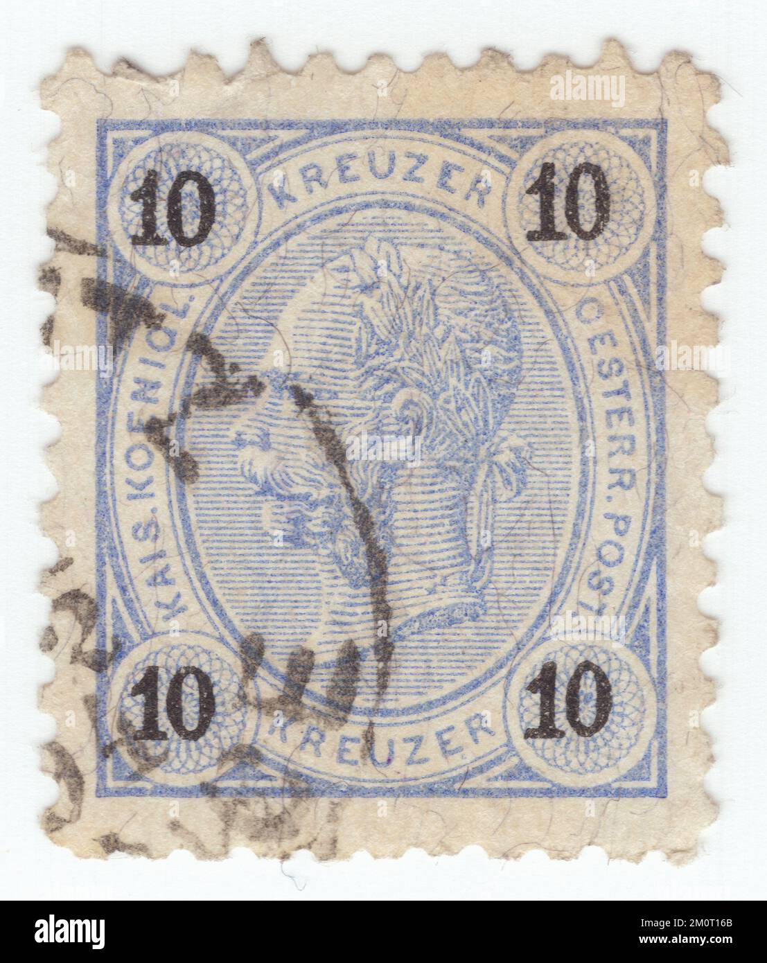 AUSTRIA — 1890: An 10 kreuzer ultramarine postage stamp depicting Embossed portrait of young Austrian Monarch Emperor Franz Josef. Franz Joseph I or Francis Joseph I was Emperor of Austria, King of Hungary, and the other states of the Habsburg monarchy from 2 December 1848 until his death on 21 November 1916. In the early part of his reign, his realms and territories were referred to as the Austrian Empire, but were reconstituted as the dual monarchy of the Austro-Hungarian Empire in 1867. From 1 May 1850 to 24 August 1866, Franz Joseph was also President of the German Confederation Stock Photo