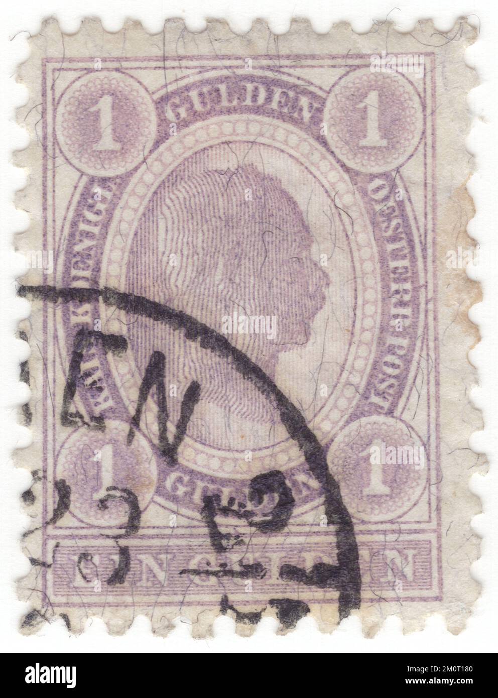 AUSTRIA — 1896: An 1 gulden pale lilac postage stamp depicting Embossed portrait of young Austrian Monarch Emperor Franz Josef. Franz Joseph I or Francis Joseph I was Emperor of Austria, King of Hungary, and the other states of the Habsburg monarchy from 2 December 1848 until his death on 21 November 1916. In the early part of his reign, his realms and territories were referred to as the Austrian Empire, but were reconstituted as the dual monarchy of the Austro-Hungarian Empire in 1867. From 1 May 1850 to 24 August 1866, Franz Joseph was also President of the German Confederation Stock Photo