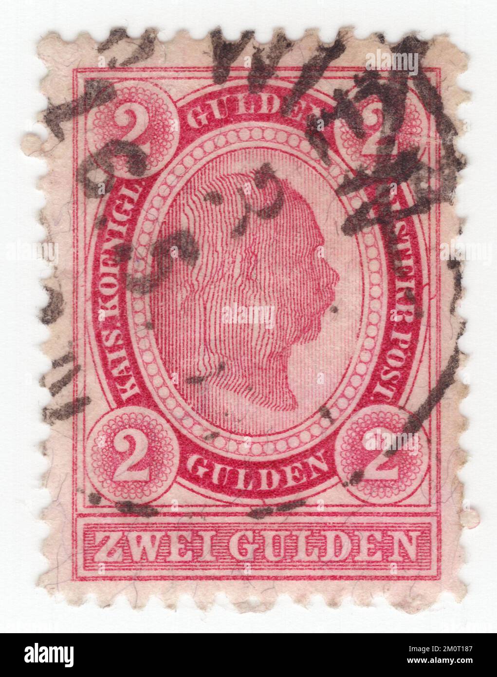 AUSTRIA — 1890: An 2 gulden carmine postage stamp depicting Embossed portrait of young Austrian Monarch Emperor Franz Josef. Franz Joseph I or Francis Joseph I was Emperor of Austria, King of Hungary, and the other states of the Habsburg monarchy from 2 December 1848 until his death on 21 November 1916. In the early part of his reign, his realms and territories were referred to as the Austrian Empire, but were reconstituted as the dual monarchy of the Austro-Hungarian Empire in 1867. From 1 May 1850 to 24 August 1866, Franz Joseph was also President of the German Confederation Stock Photo