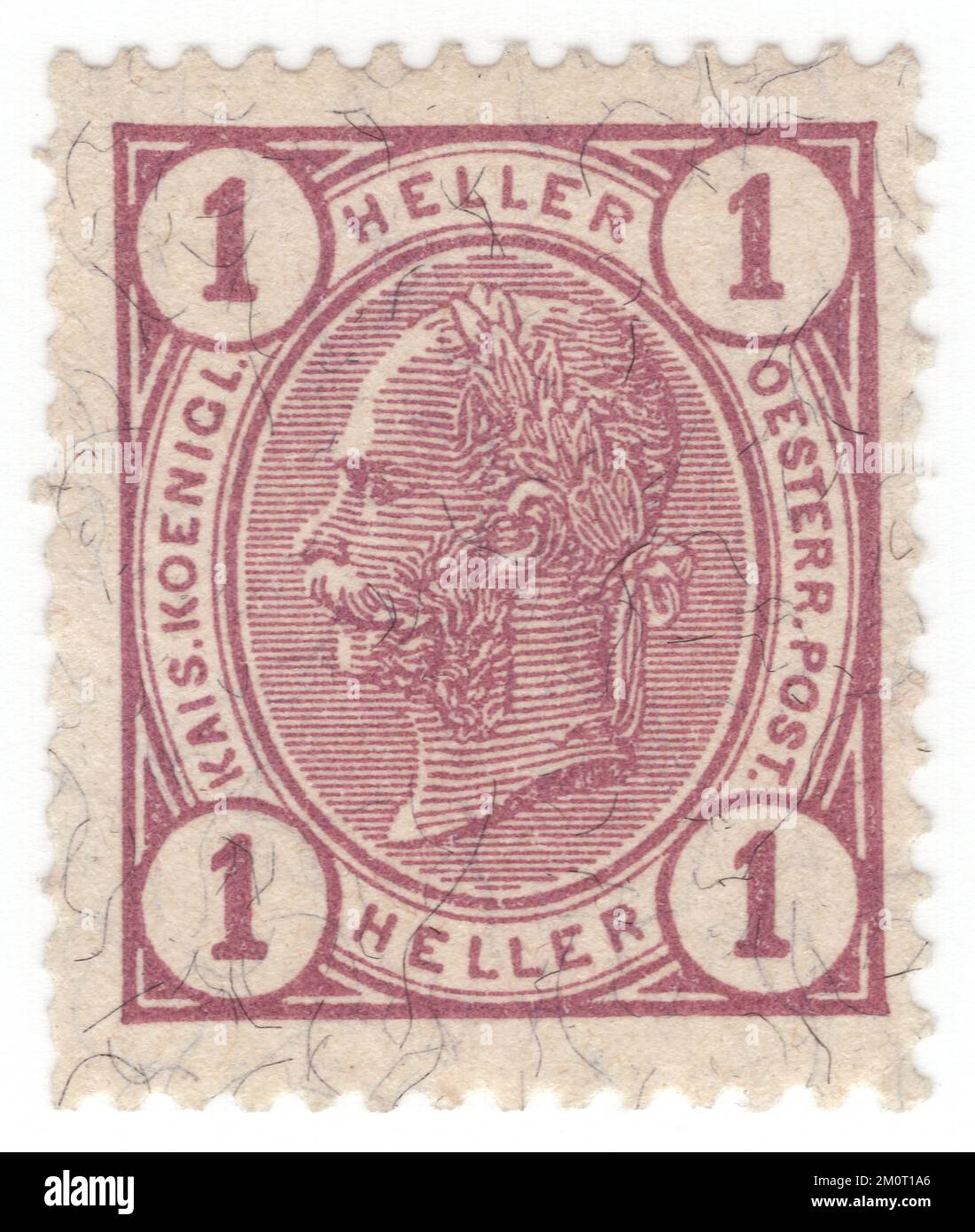 AUSTRIA — 1905: An 1 heller lilac postage stamp depicting Embossed portrait of young Austrian Monarch Emperor Franz Josef. Franz Joseph I or Francis Joseph I was Emperor of Austria, King of Hungary, and the other states of the Habsburg monarchy from 2 December 1848 until his death on 21 November 1916. In the early part of his reign, his realms and territories were referred to as the Austrian Empire, but were reconstituted as the dual monarchy of the Austro-Hungarian Empire in 1867. From 1 May 1850 to 24 August 1866, Franz Joseph was also President of the German Confederation Stock Photo