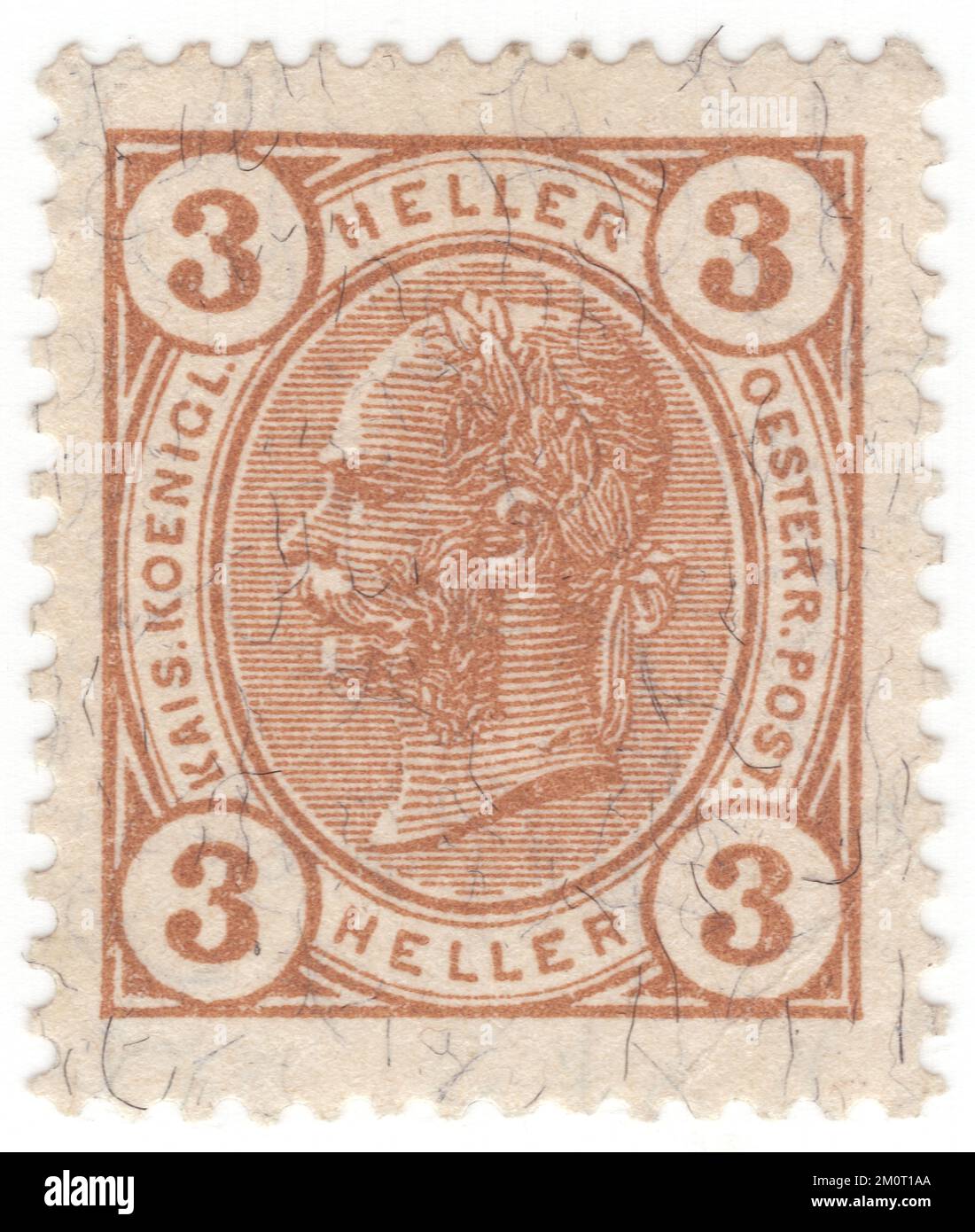 AUSTRIA — 1905: An 3 heller bister-brown postage stamp depicting Embossed portrait of young Austrian Monarch Emperor Franz Josef. Franz Joseph I or Francis Joseph I was Emperor of Austria, King of Hungary, and the other states of the Habsburg monarchy from 2 December 1848 until his death on 21 November 1916. In the early part of his reign, his realms and territories were referred to as the Austrian Empire, but were reconstituted as the dual monarchy of the Austro-Hungarian Empire in 1867. From 1 May 1850 to 24 August 1866, Franz Joseph was also President of the German Confederation Stock Photo