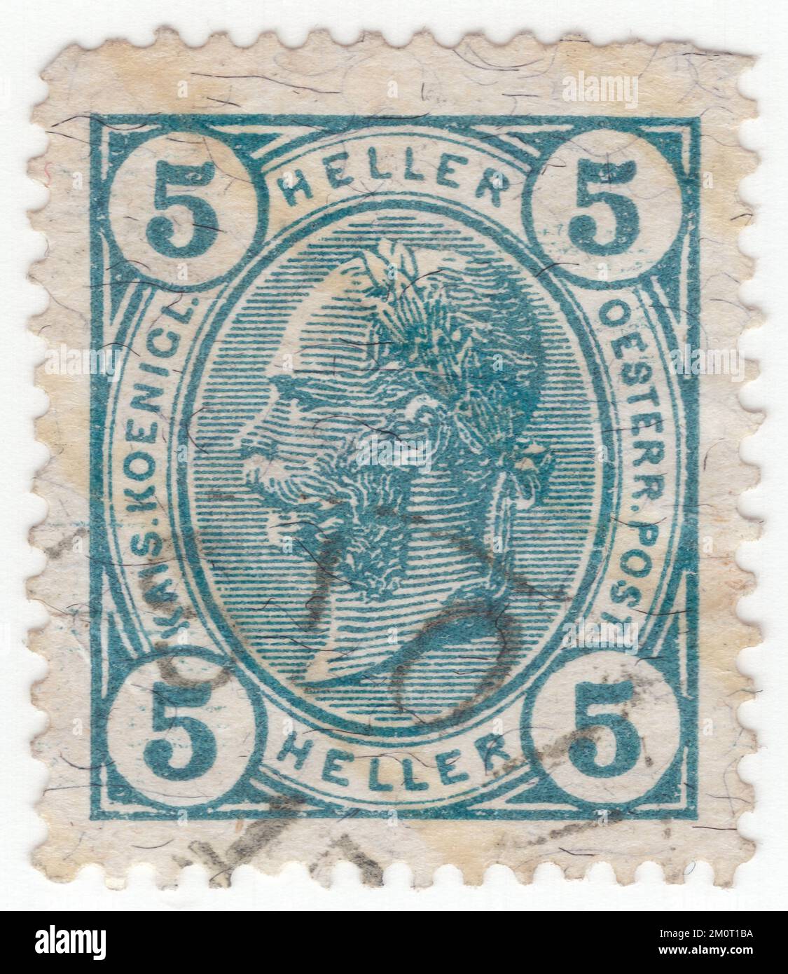 AUSTRIA — 1904: An 5 heller dark-blue green postage stamp depicting Embossed portrait of young Austrian Monarch Emperor Franz Josef. Franz Joseph I or Francis Joseph I was Emperor of Austria, King of Hungary, and the other states of the Habsburg monarchy from 2 December 1848 until his death on 21 November 1916. In the early part of his reign, his realms and territories were referred to as the Austrian Empire, but were reconstituted as the dual monarchy of the Austro-Hungarian Empire in 1867. From 1 May 1850 to 24 August 1866, Franz Joseph was also President of the German Confederation Stock Photo