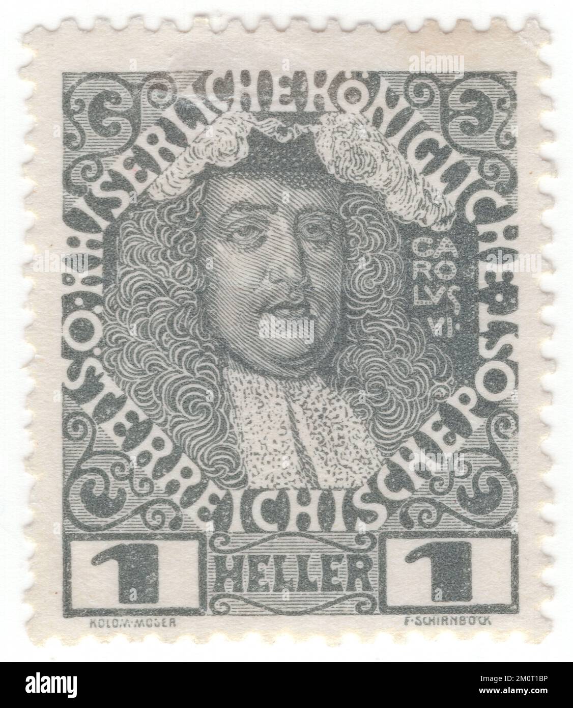 AUSTRIA — 1908: An 1 heller grey-black postage stamp depicting portrait of Karl VI. Definitive set issued for the 60th year of the reign of Austrian Monarch Franz Josef, Emperor of Austria, King of Hungary, and the other states of the Habsburg monarchy. Charles VI was Holy Roman Emperor and ruler of the Austrian Habsburg monarchy from 1711 until his death, succeeding his elder brother, Joseph I. He unsuccessfully claimed the throne of Spain following the death of his relative, Charles II. In 1708, he married Elisabeth Christine of Brunswick-Wolfenbüttel, by whom he had his four children Stock Photo