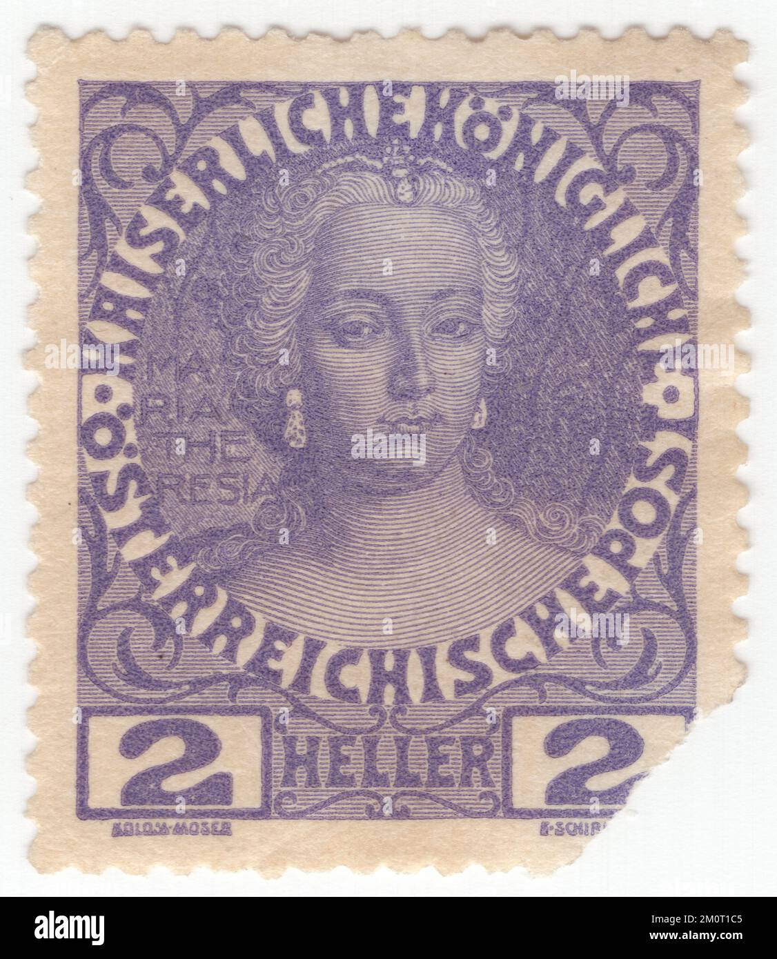 AUSTRIA — 1908: An 2 heller violet postage stamp depicting portrait of Maria Theresa. Definitive set issued for the 60th year of the reign of Austrian Monarch Franz Josef, Emperor of Austria, King of Hungary, and the other states of the Habsburg monarchy. Maria Theresa Walburga Amalia Christina was ruler of the Habsburg dominions from 1740 until her death in 1780, and the only woman to hold the position suo jure (in her own right). She was the sovereign of Austria, Hungary, Croatia, Bohemia, Transylvania, Mantua, Milan, Lodomeria and Galicia, the Austrian Netherlands, and Parma Stock Photo