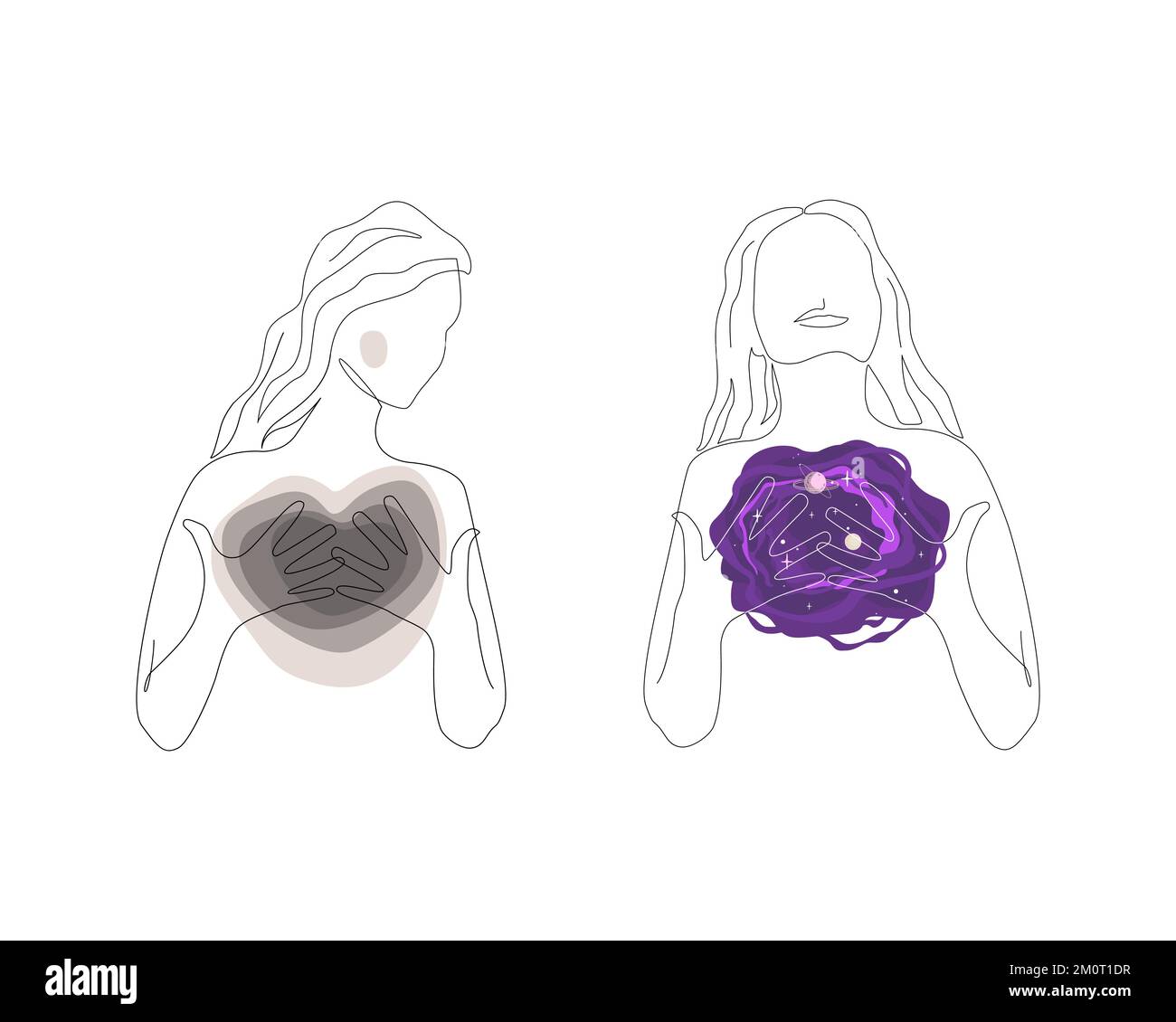 Depressed woman with emptiness inside and happy woman with an outer space in her chest. Concepts of treating mental health problems and psychotherapy Stock Vector