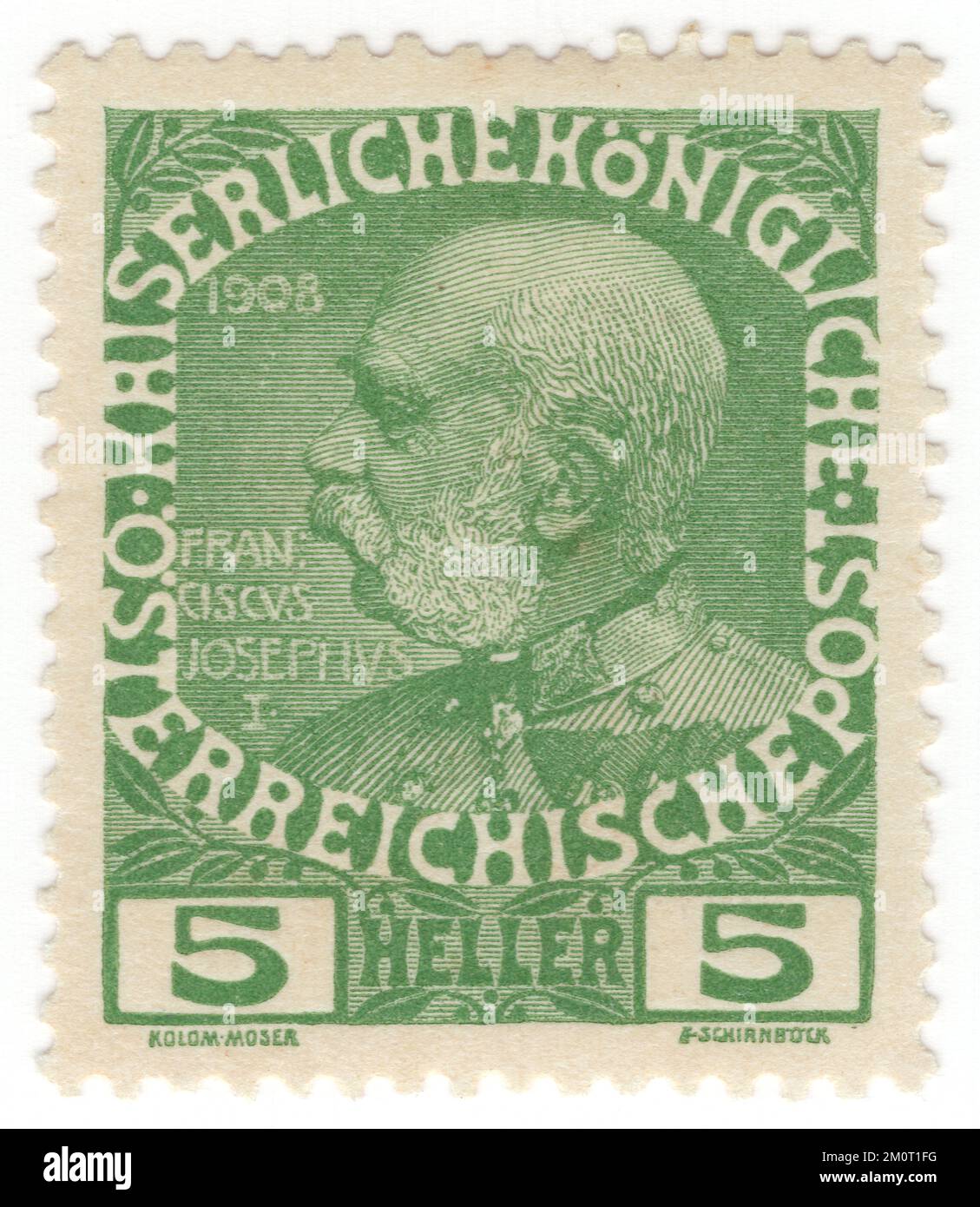 AUSTRIA — 1913: An 5 heller yellow-green postage stamp depicting portrait of Franz Joseph I. Definitive set issued for the 60th year of the reign of Austrian Monarch Franz Josef, Emperor of Austria, King of Hungary, and the other states of the Habsburg monarchy. Franz Joseph I or Francis Joseph I  was Emperor of Austria, King of Hungary, and the other states of the Habsburg monarchy from 2 December 1848 until his death on 21 November 1916.[1] In the early part of his reign, his realms and territories were referred to as the Austrian Empire, but were reconstituted as the dual monarchy Stock Photo