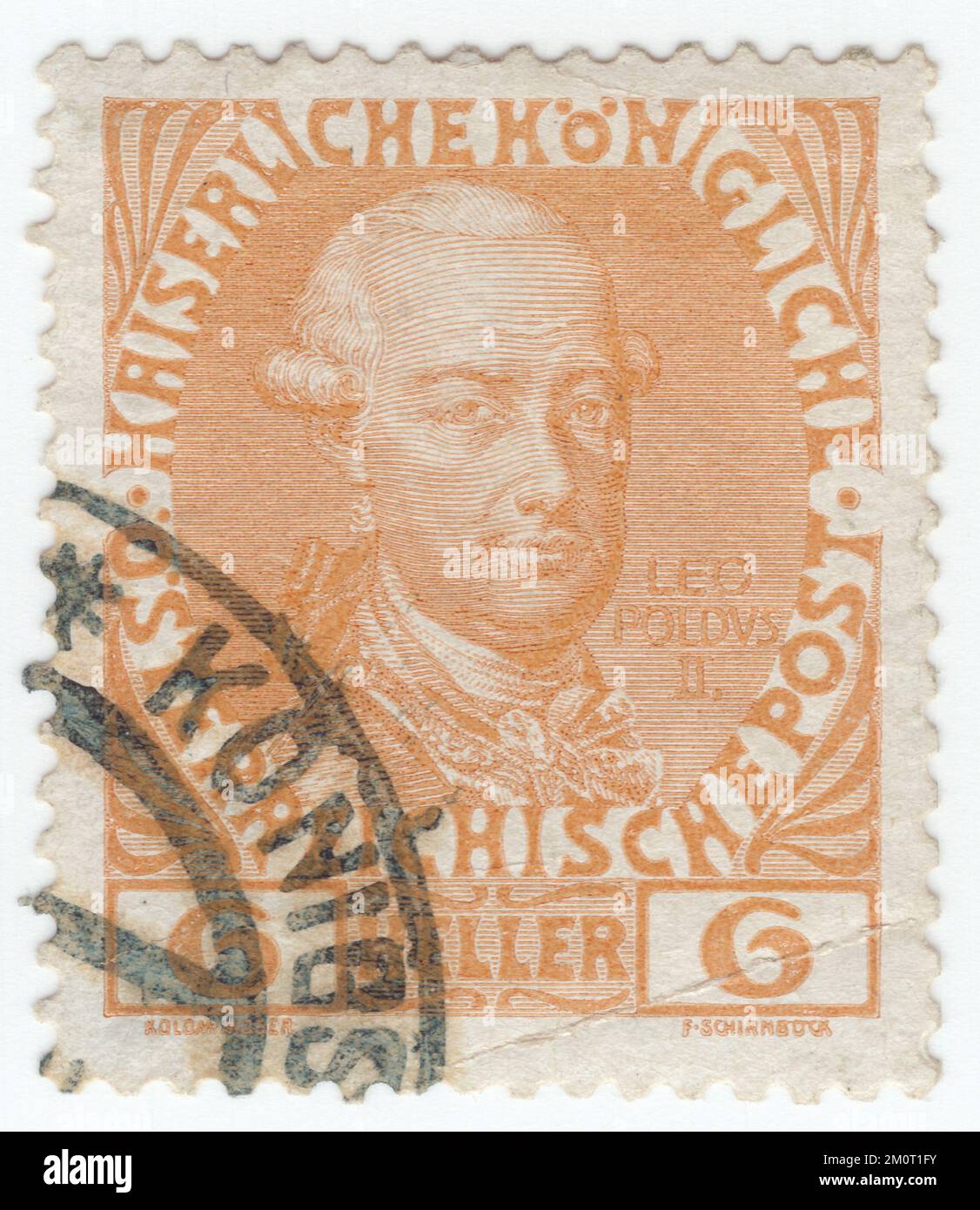 AUSTRIA — 1908: An 6 heller buff postage stamp depicting portrait of Leopold II. Definitive set issued for the 60th year of the reign of Austrian Monarch Franz Josef, Emperor of Austria, King of Hungary, and the other states of the Habsburg monarchy. Leopold II (Peter Leopold Josef Anton Joachim Pius) was Holy Roman Emperor, King of Hungary and Bohemia, and Archduke of Austria from 1790 to 1792, and Grand Duke of Tuscany from 1765 to 1790.[1] He was a son of Empress Maria Theresa and her husband, Emperor Francis I, and the brother of Marie Antoinette, Queen of France Stock Photo